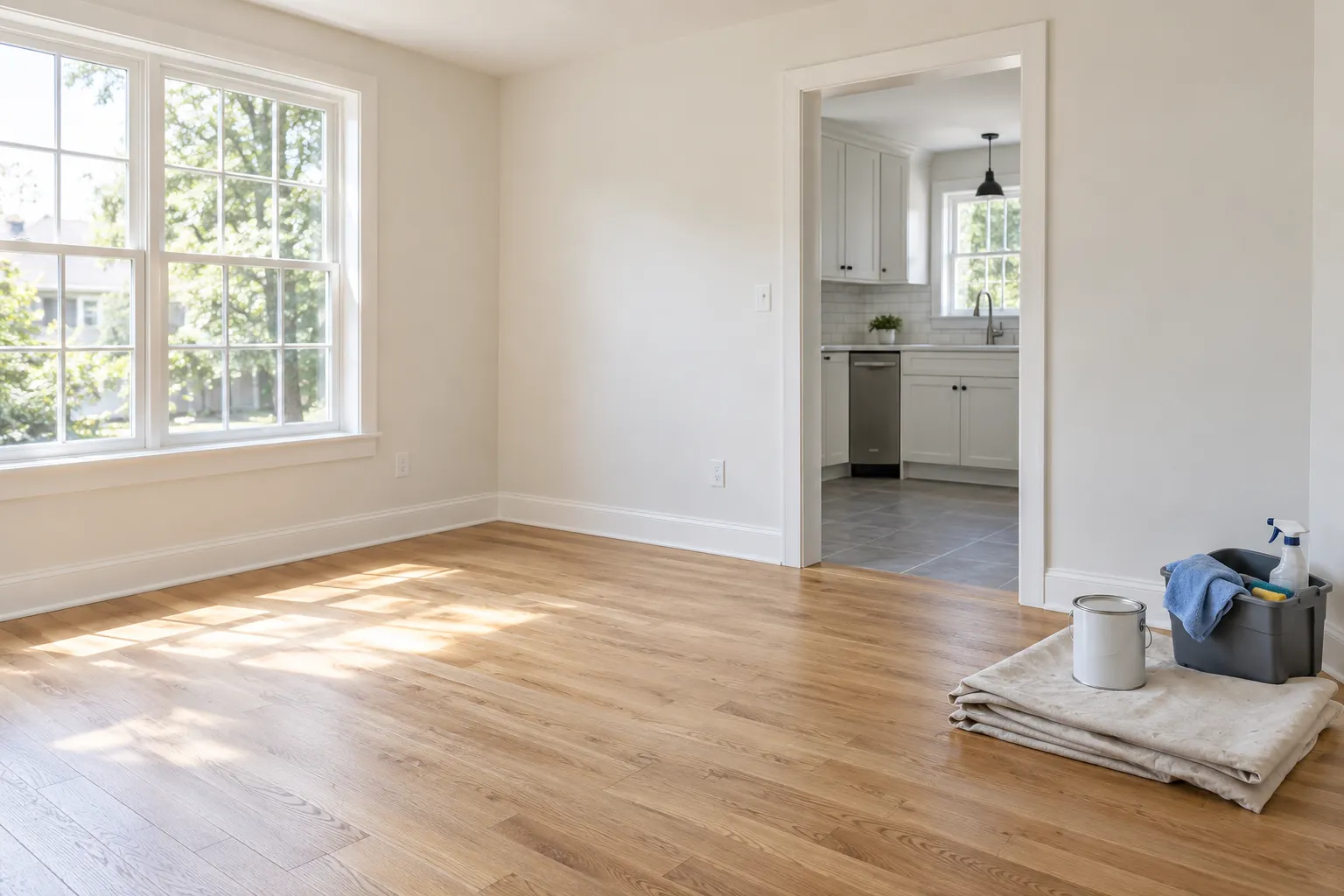 AI-generated illustration of an empty renovated room and cleaning supplies