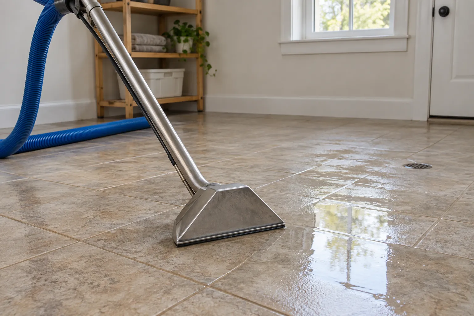 AI-generated illustration of a water extraction wand on a damp tile floor