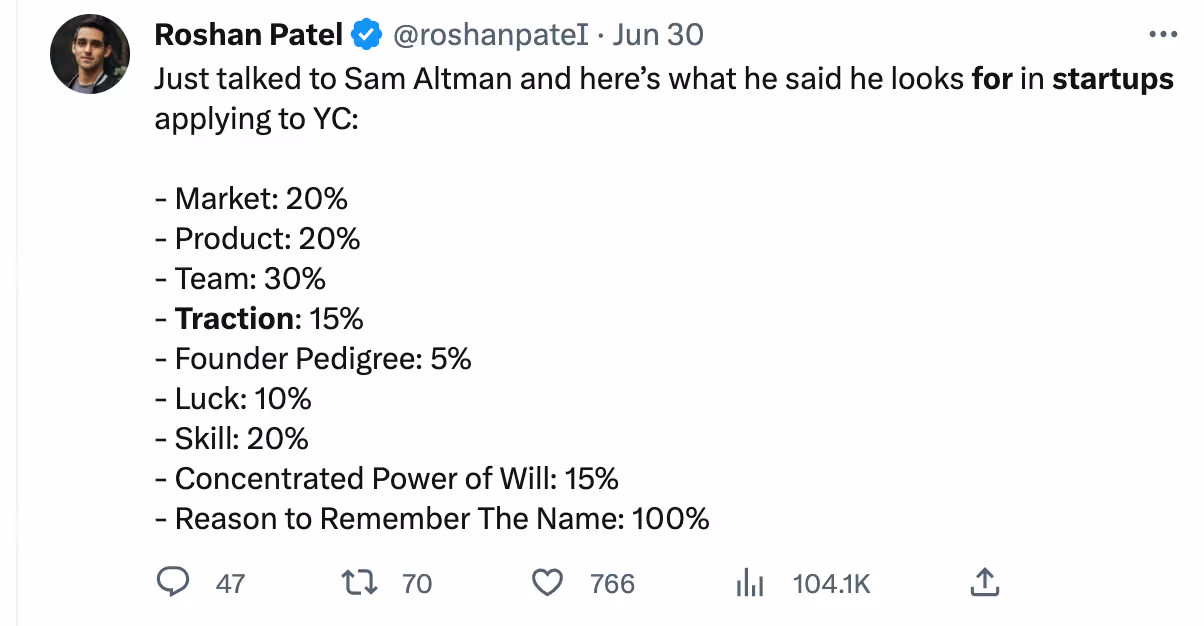 A tweet about Sam Altman's startup evaluation criteria.