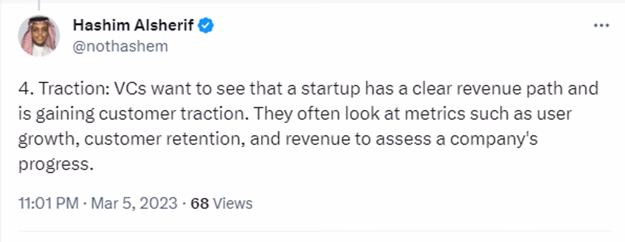 A tweet about importance of customer retention for startup traction.