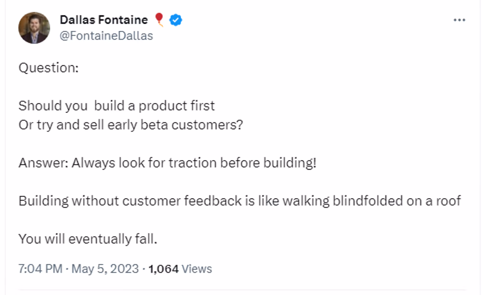 A tweet about working on customer feedback for startup traction