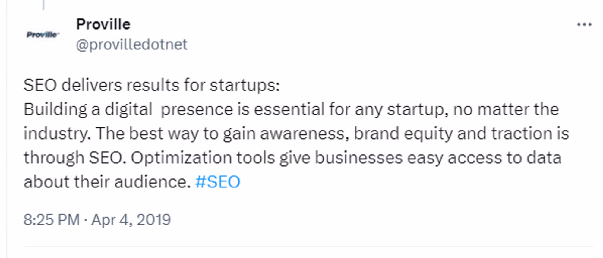 A tweet about importance of SEO content for startup traction.