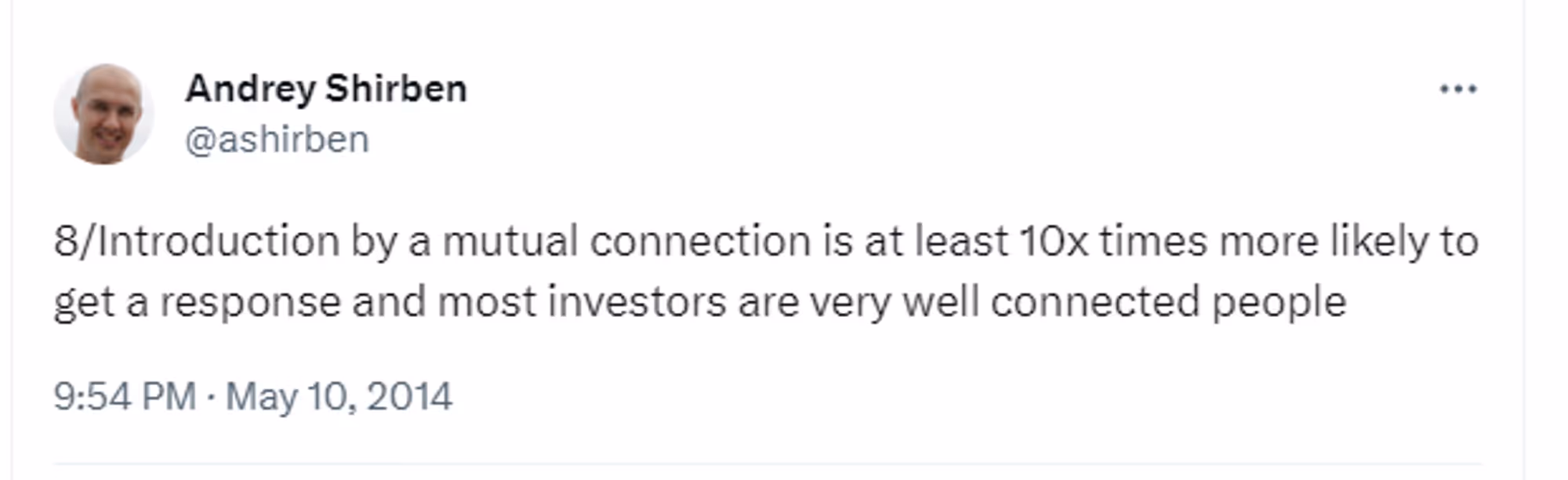 Tweet by Andrey Shirben about introduction by mutual connection