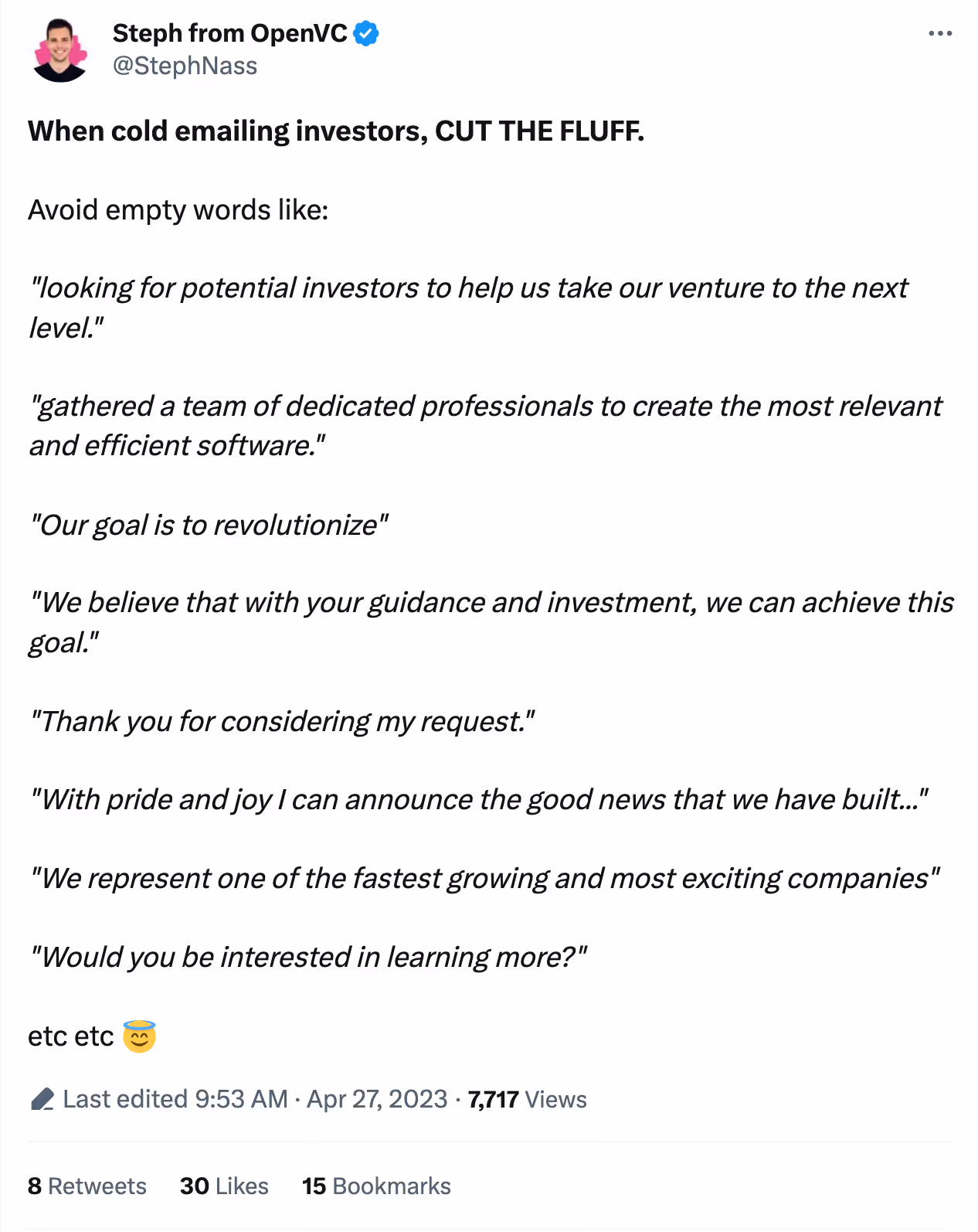 A tweet about investor cold email copywriting