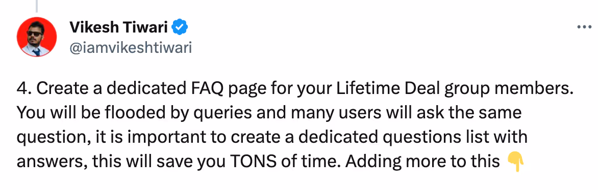 Tweet about importance of FAQ page in AppSumo