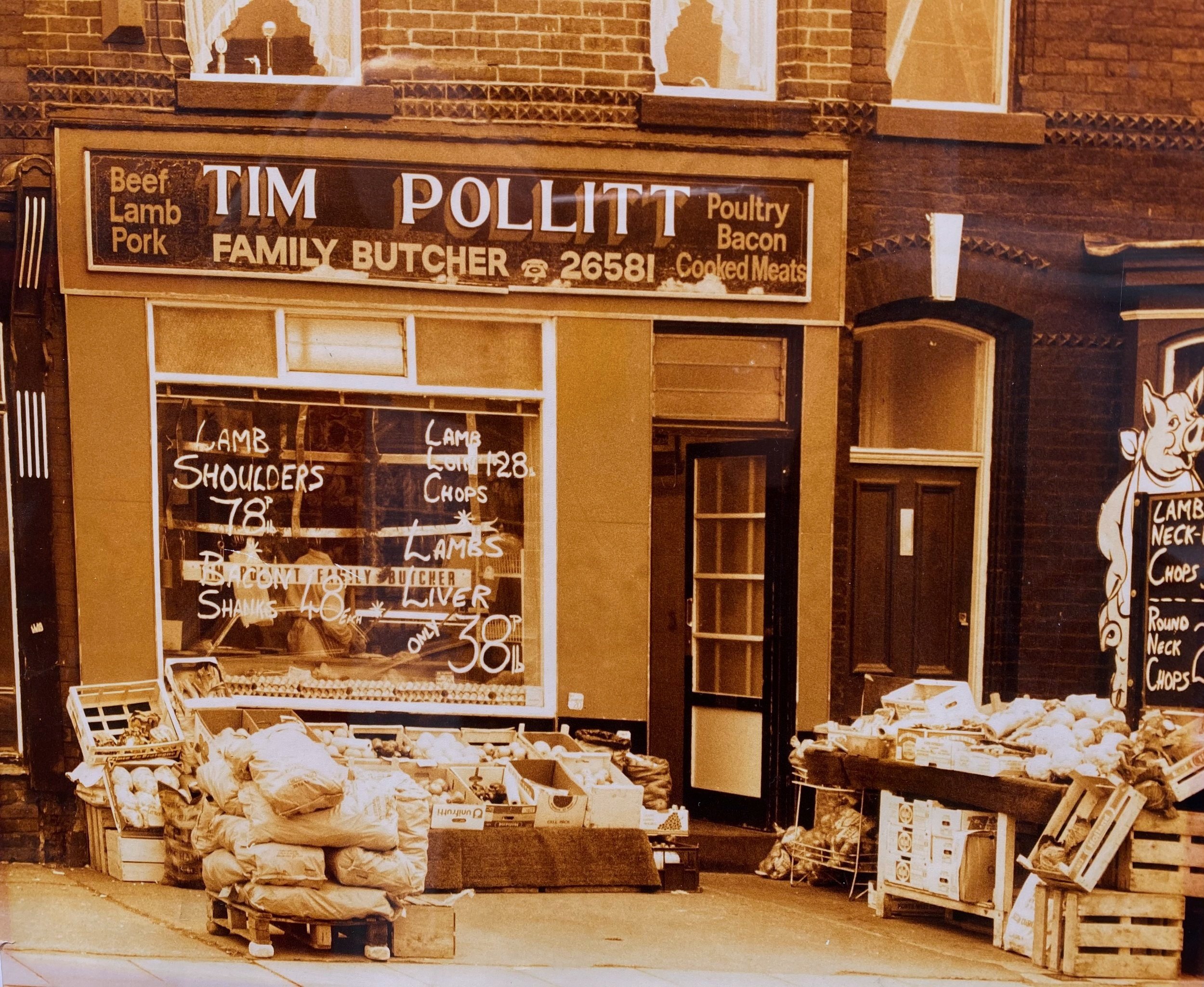Historic photograph of the Tim Pollitt family butcher's shop, the origins of TPB Foods