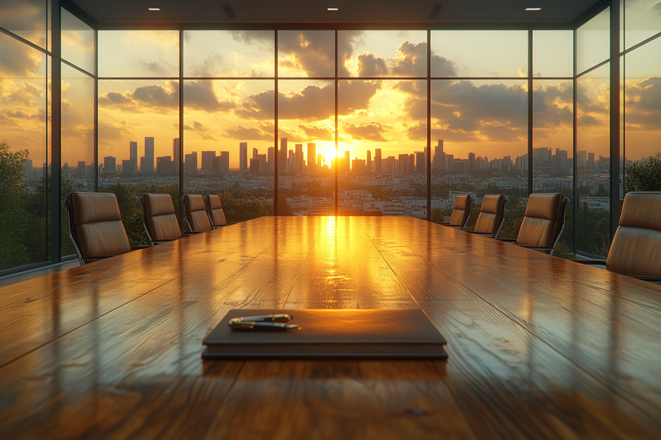 A boardroom overlooking a city at sunset