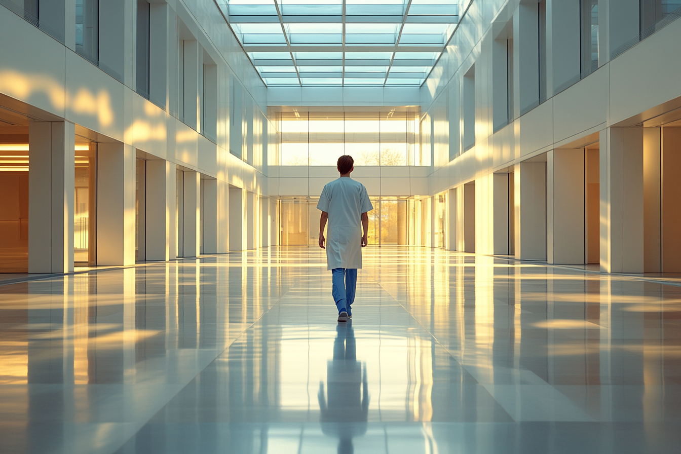 A healthcare professional walking through a bright hospital corridor