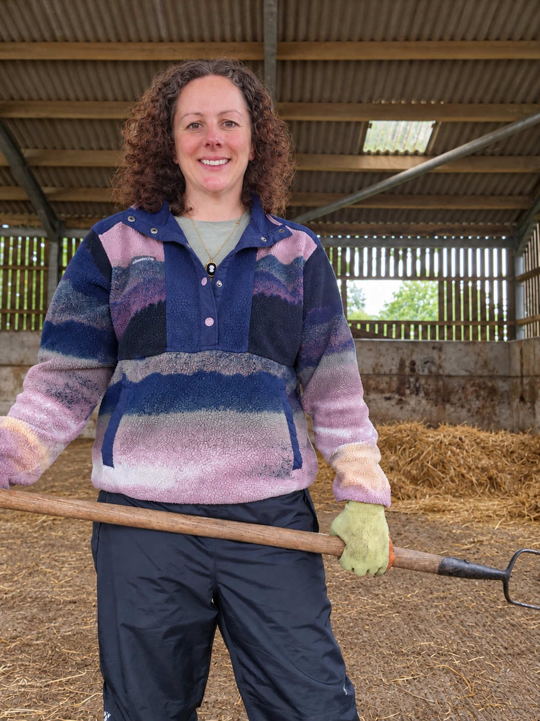 Joanna Whitear volunteering with the National Trust, holding a garden fork.