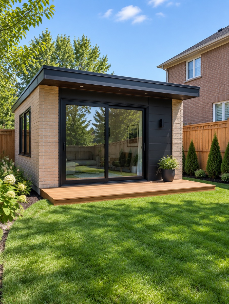 Single-storey garden suite with a small deck