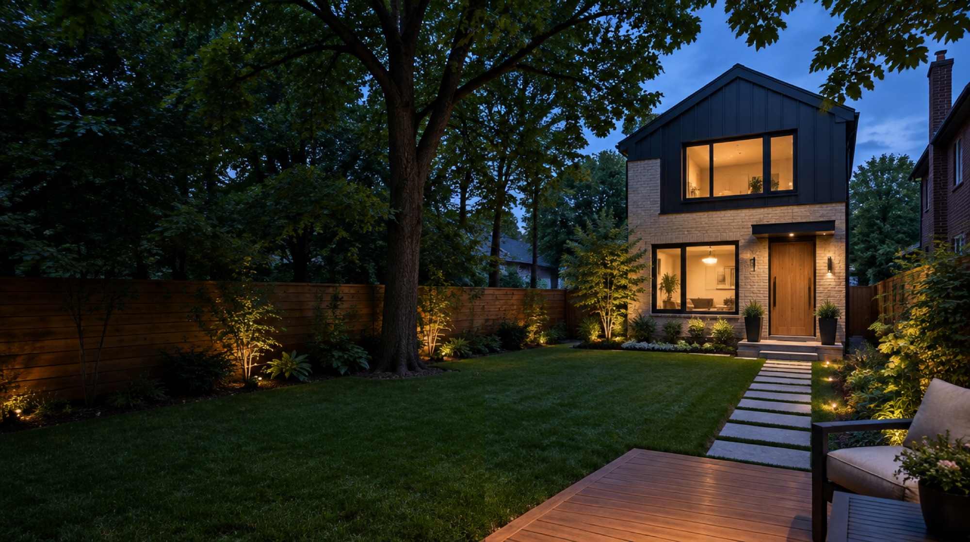 A finished two-storey garden suite glowing at dusk in a Toronto backyard
