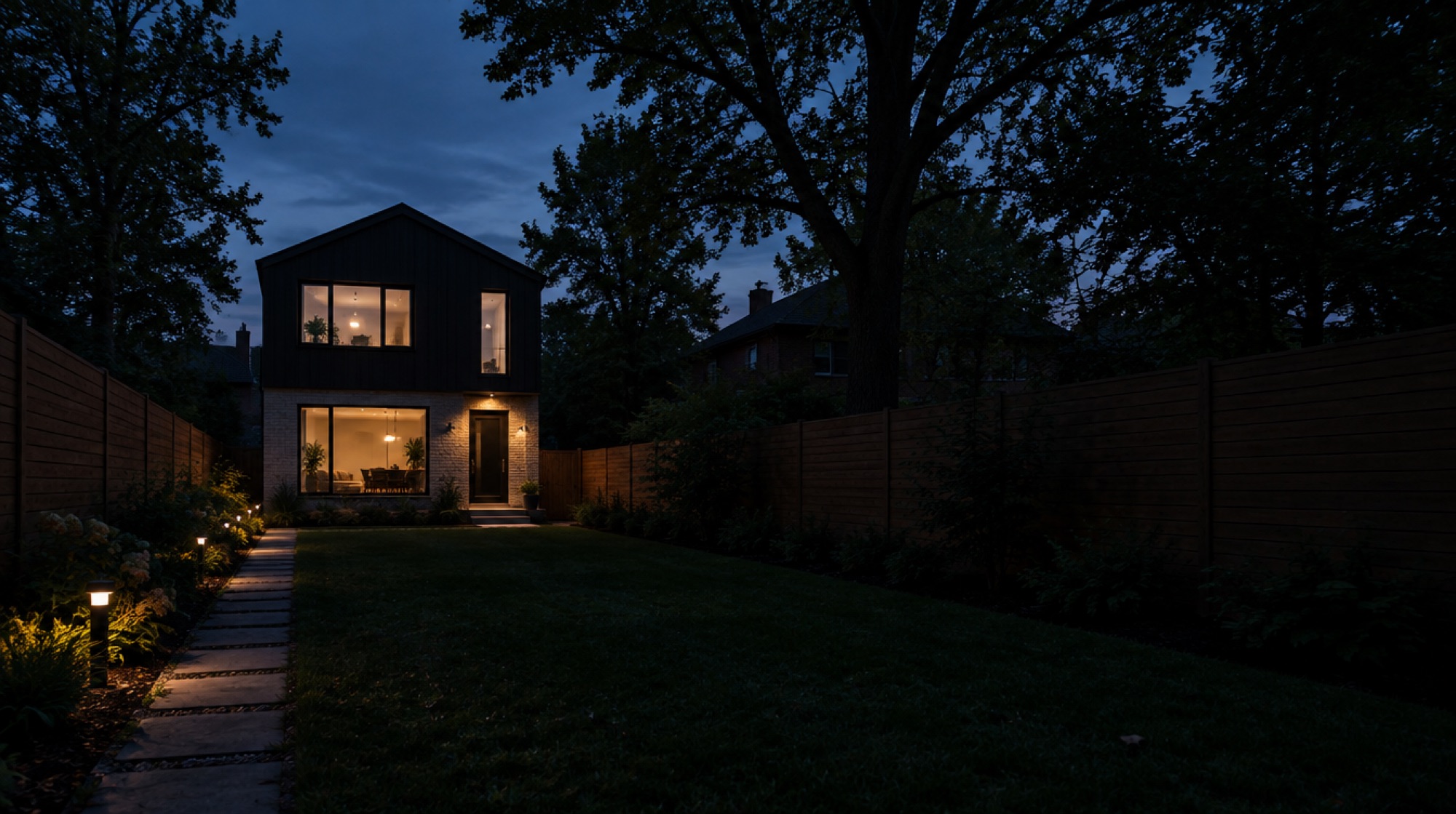 Garden suite at dusk at the end of a backyard