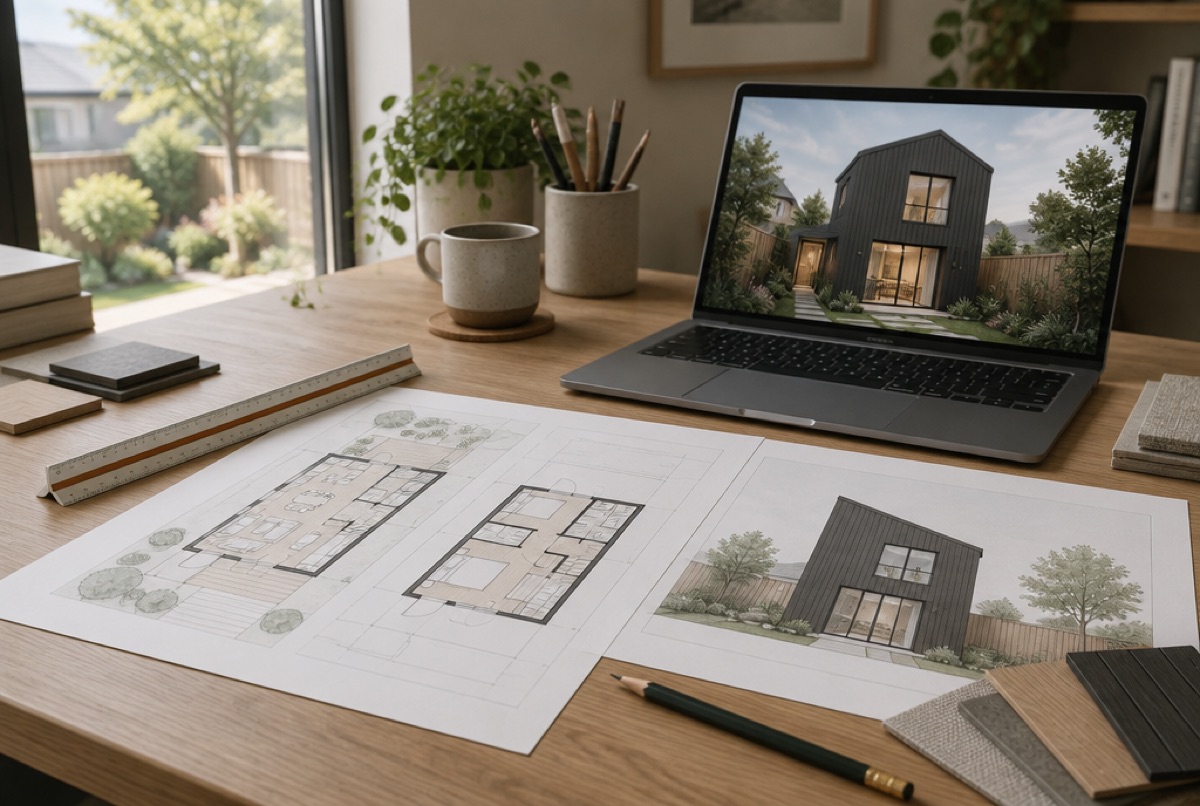 Floor plans and a 3D rendering of a garden suite on a designer's desk