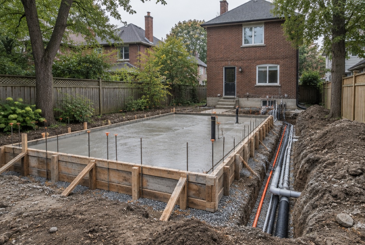 Poured foundation and utility trench in a backyard
