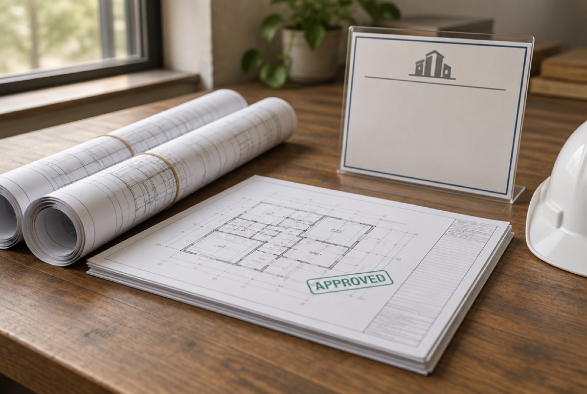 Approved permit drawings rolled out on a table