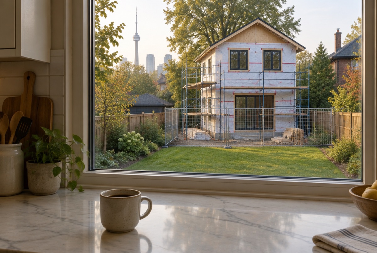 View from a kitchen window of a garden suite being built in the backyard