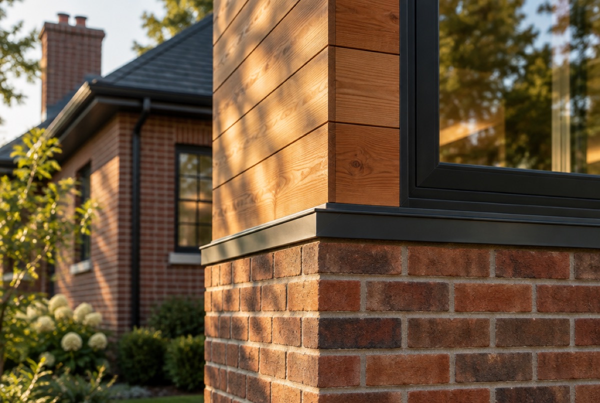 Cedar cladding and brick detail matching the main house