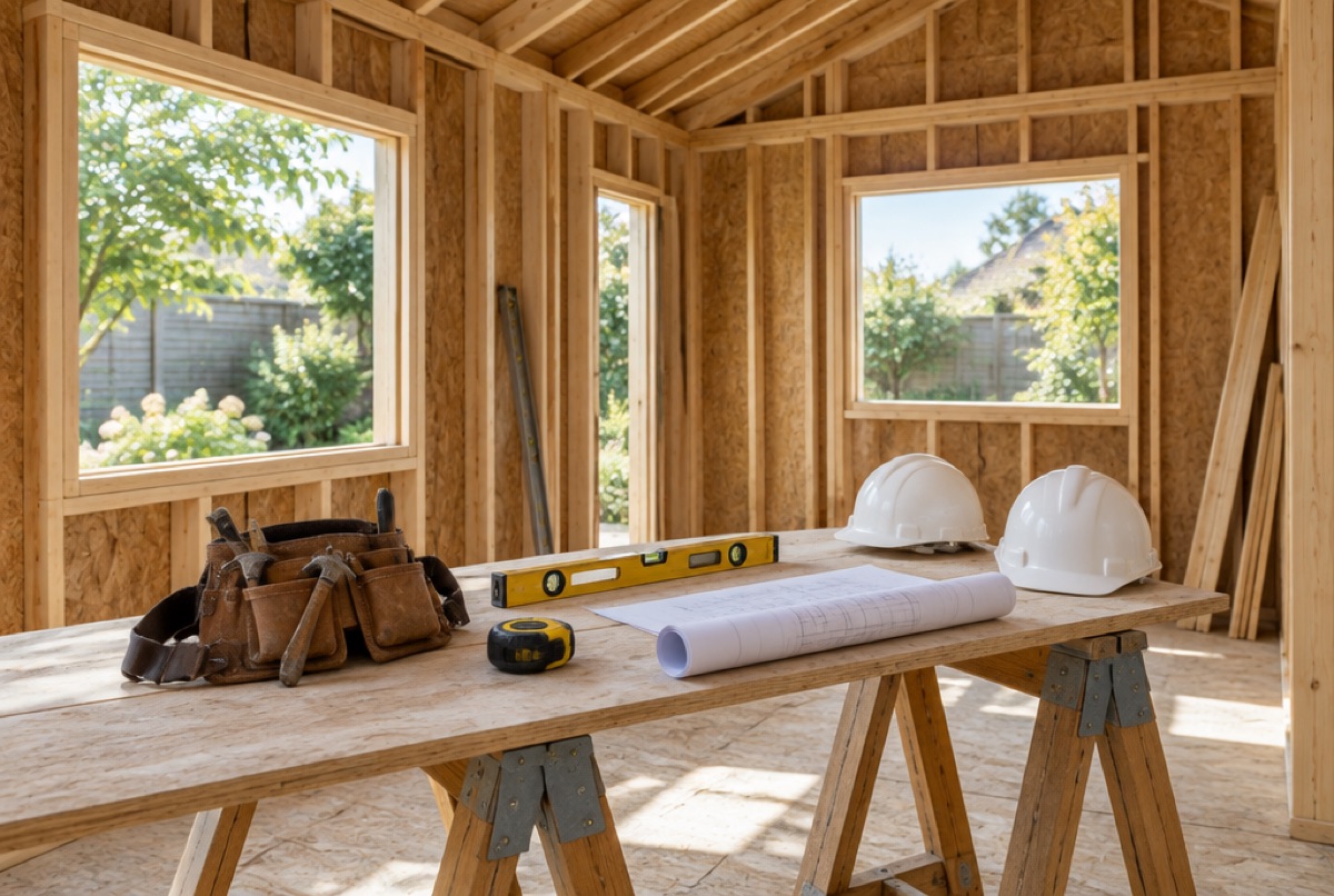 Tidy framed interior with tools and plans on a workbench