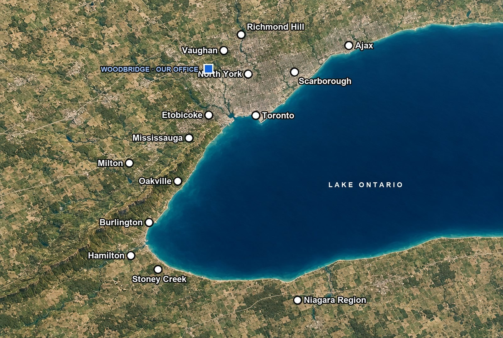 Map of the Remodel My Home service area around Lake Ontario: Toronto, Etobicoke, North York, Scarborough, Vaughan, Richmond Hill, Mississauga, Oakville, Burlington, Milton, Hamilton, Stoney Creek, Ajax and Niagara Region, with the Woodbridge office marked