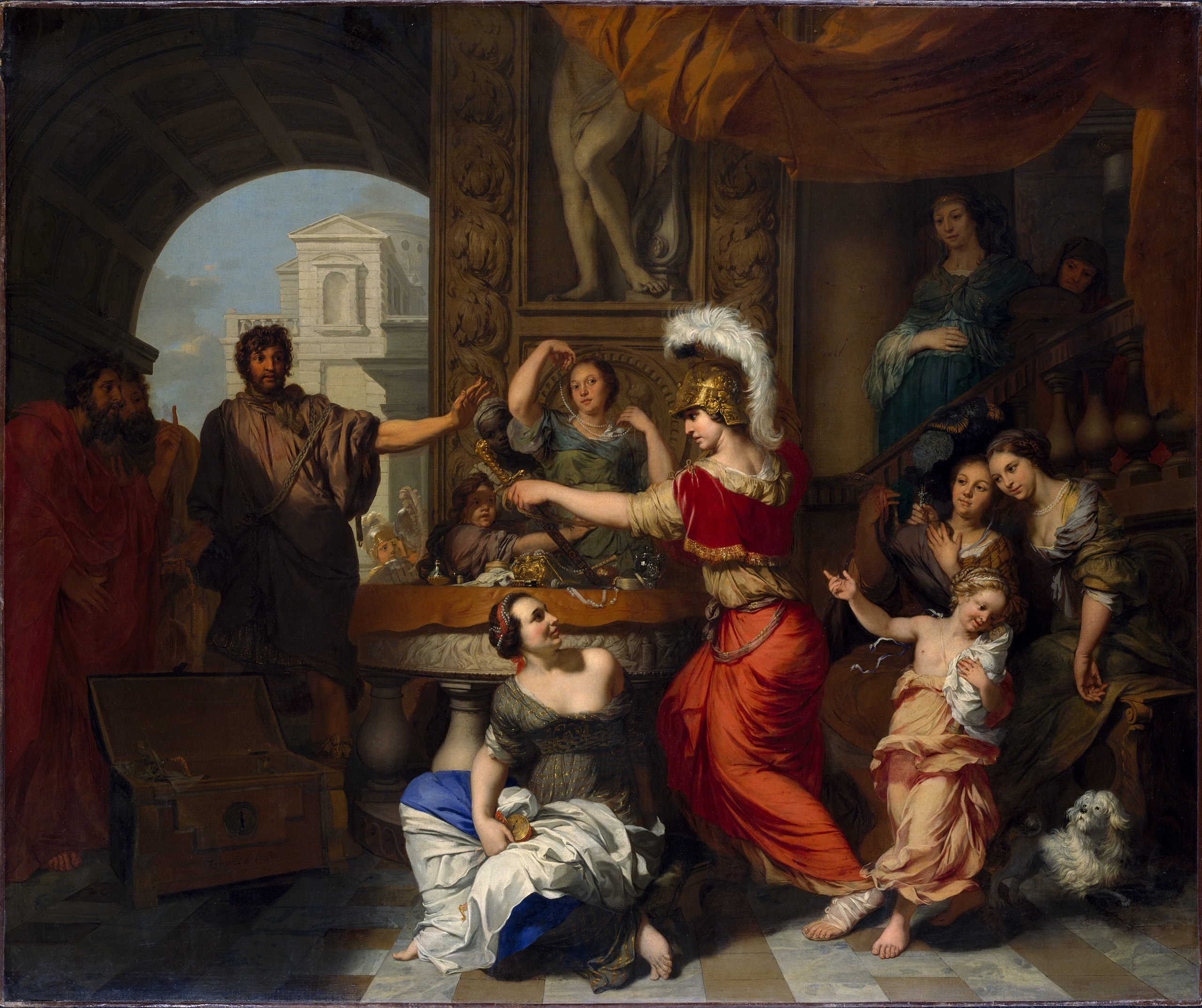 Achilles, in a plumed helmet and red robe, lunges for a sword among a merchant's spread of pearls and gilt vessels while Odysseus watches from the left.