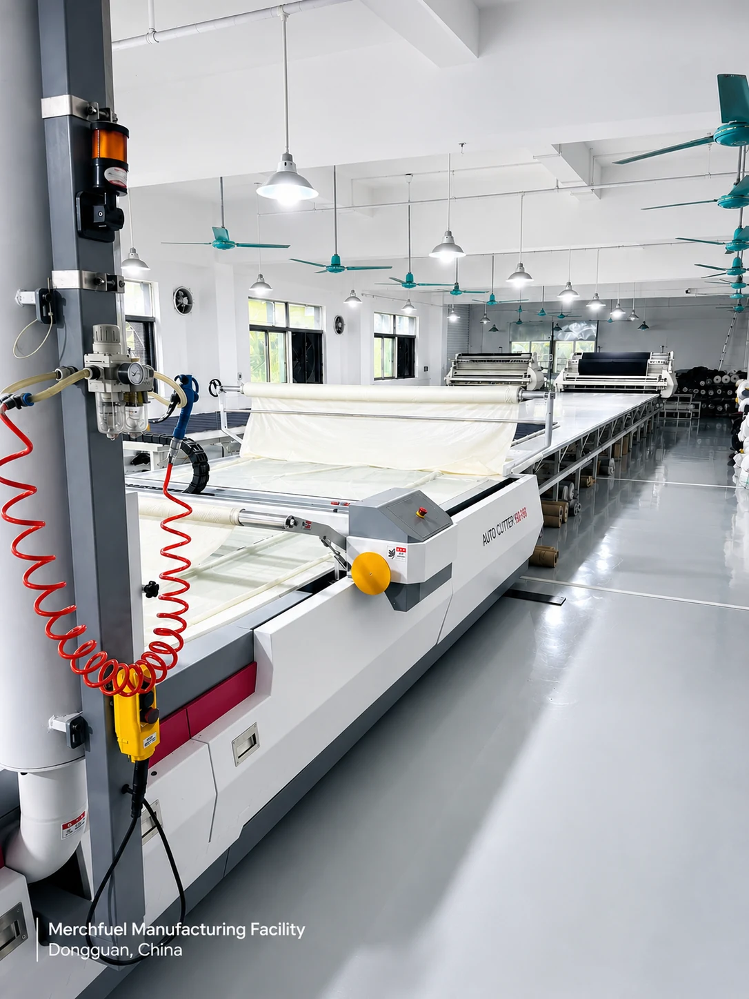 Automated cutting room at the Merchfuel manufacturing facility in Dongguan, China