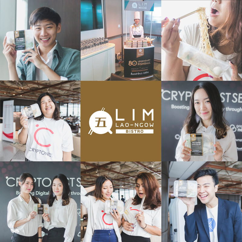 คอลลาจภาพคนหลายคนถือหรือกินอาหารบรรจุภัณฑ์พร้อมป้ายโลโก้ LIM Lao-Ngow Bistro กลางภาพ มีคนยืนในชุดเชฟหลังบูธร้านพร้อมผลิตภัณฑ์ fishball และน้ำดื่ม แสดงความสุขและเพลิดเพลินกับอาหาร