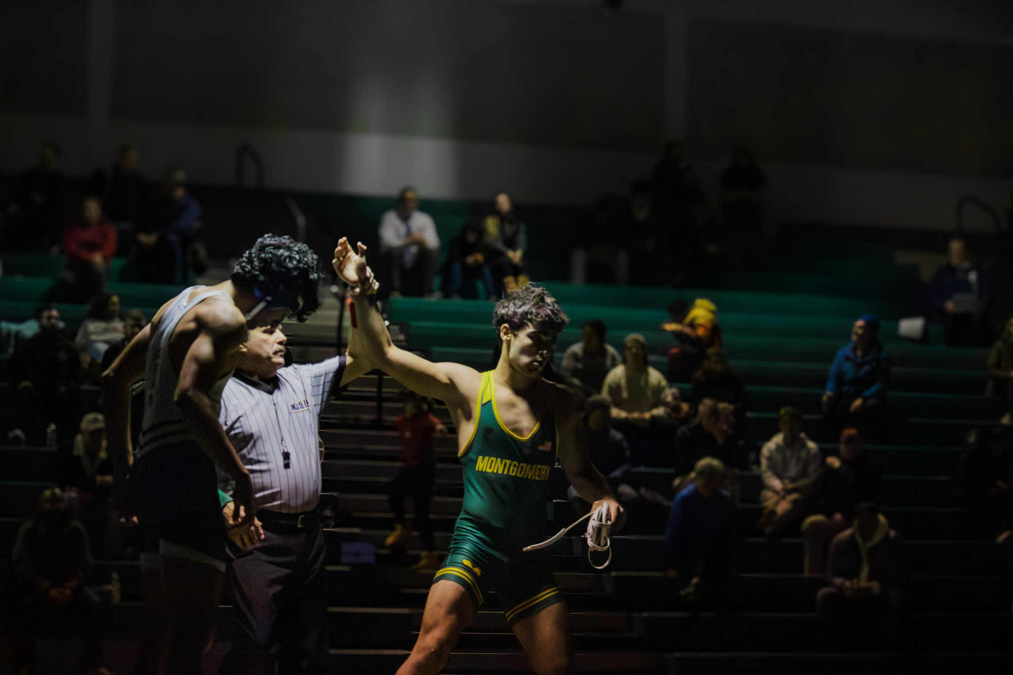 Montgomery wrestling: Victory moment against Princeton during the 2025–26 season.