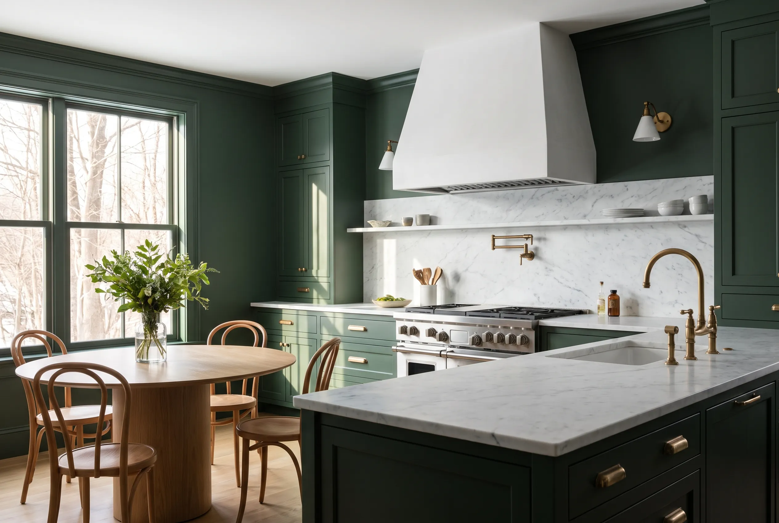 Deep green kitchen with marble counters, brass fittings and a bentwood dining set