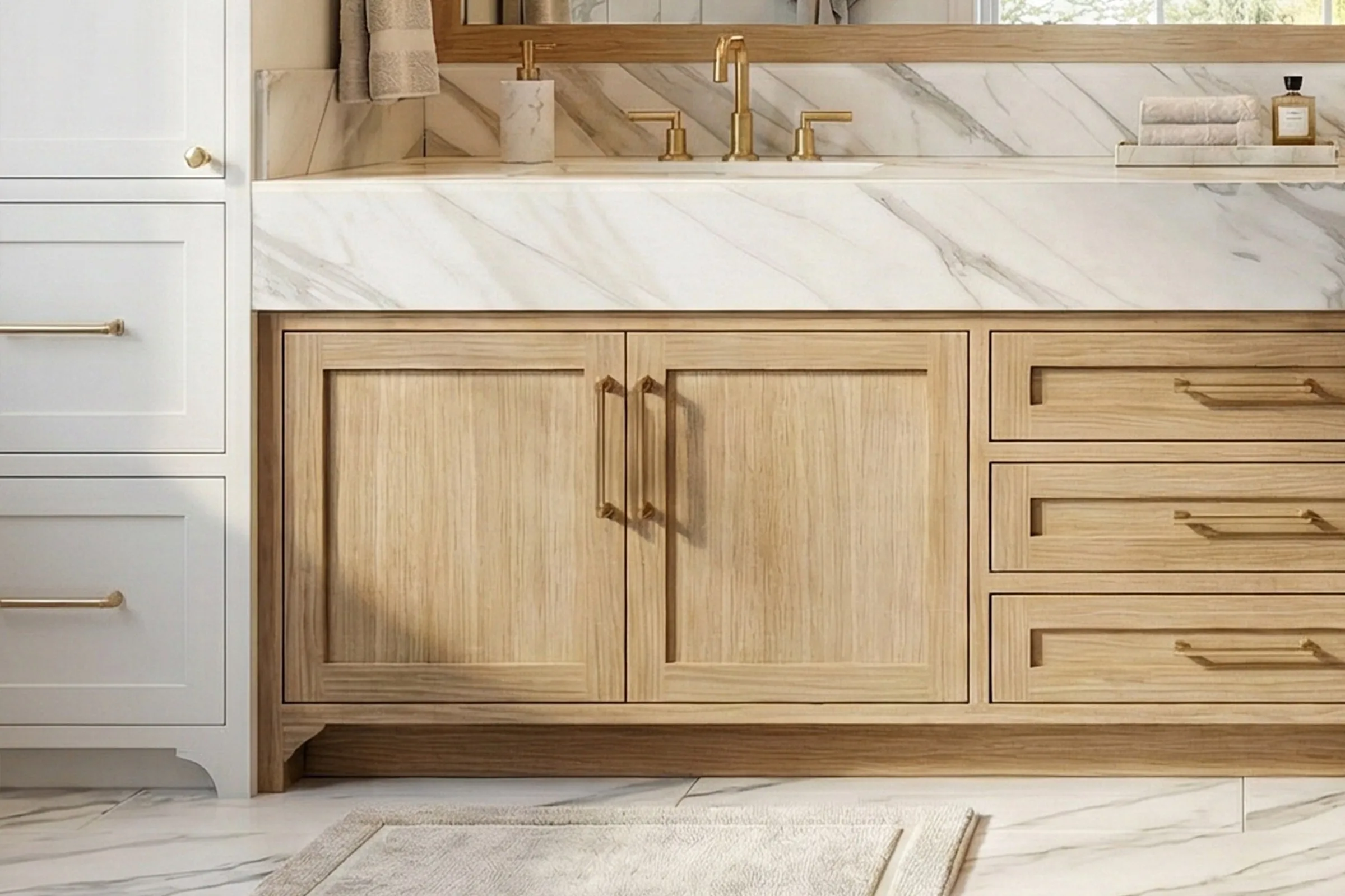Design study: primary bath with a white oak vanity and marble counter