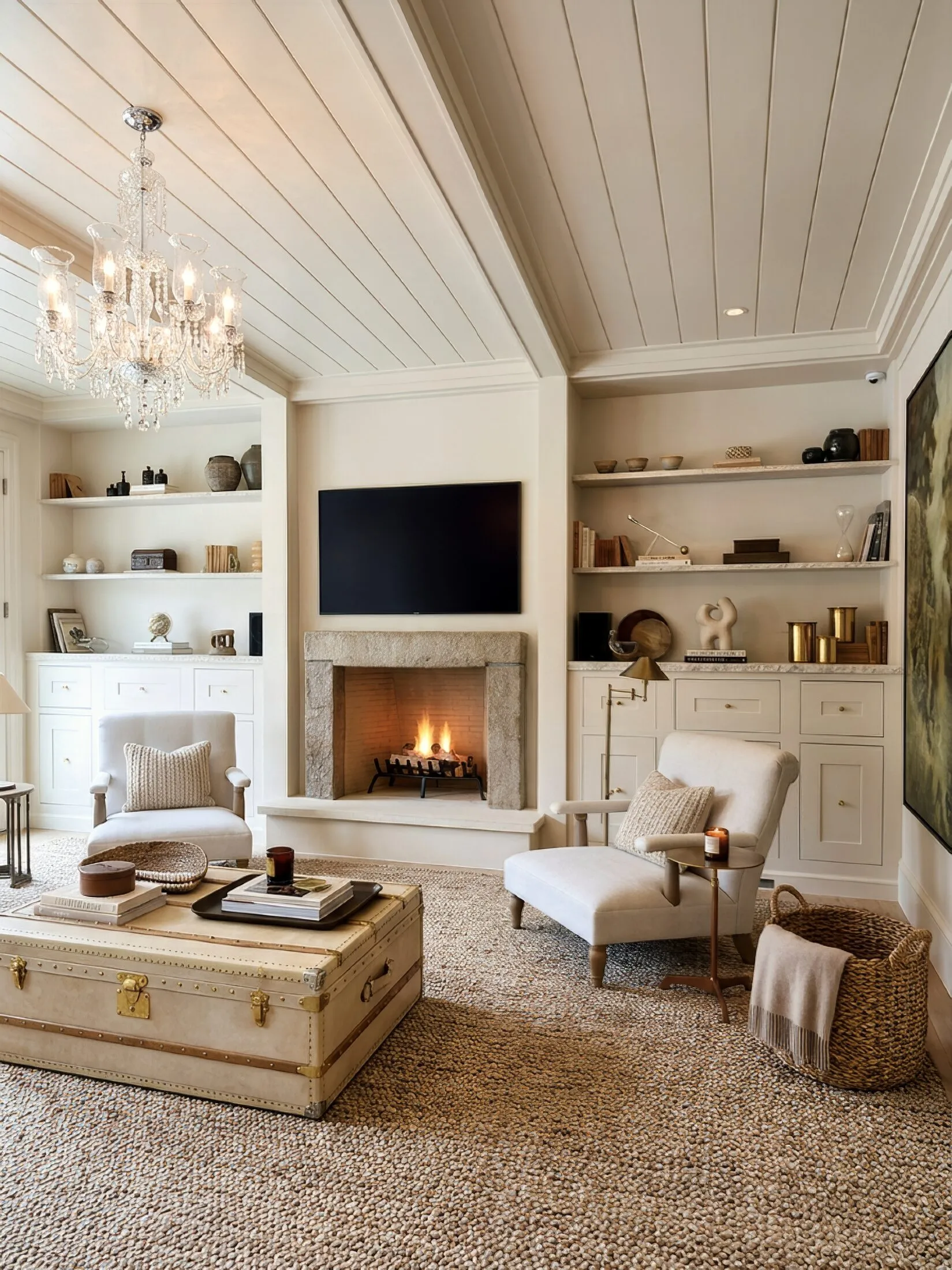Living room with a shiplap ceiling, limestone hearth and built-in millwork