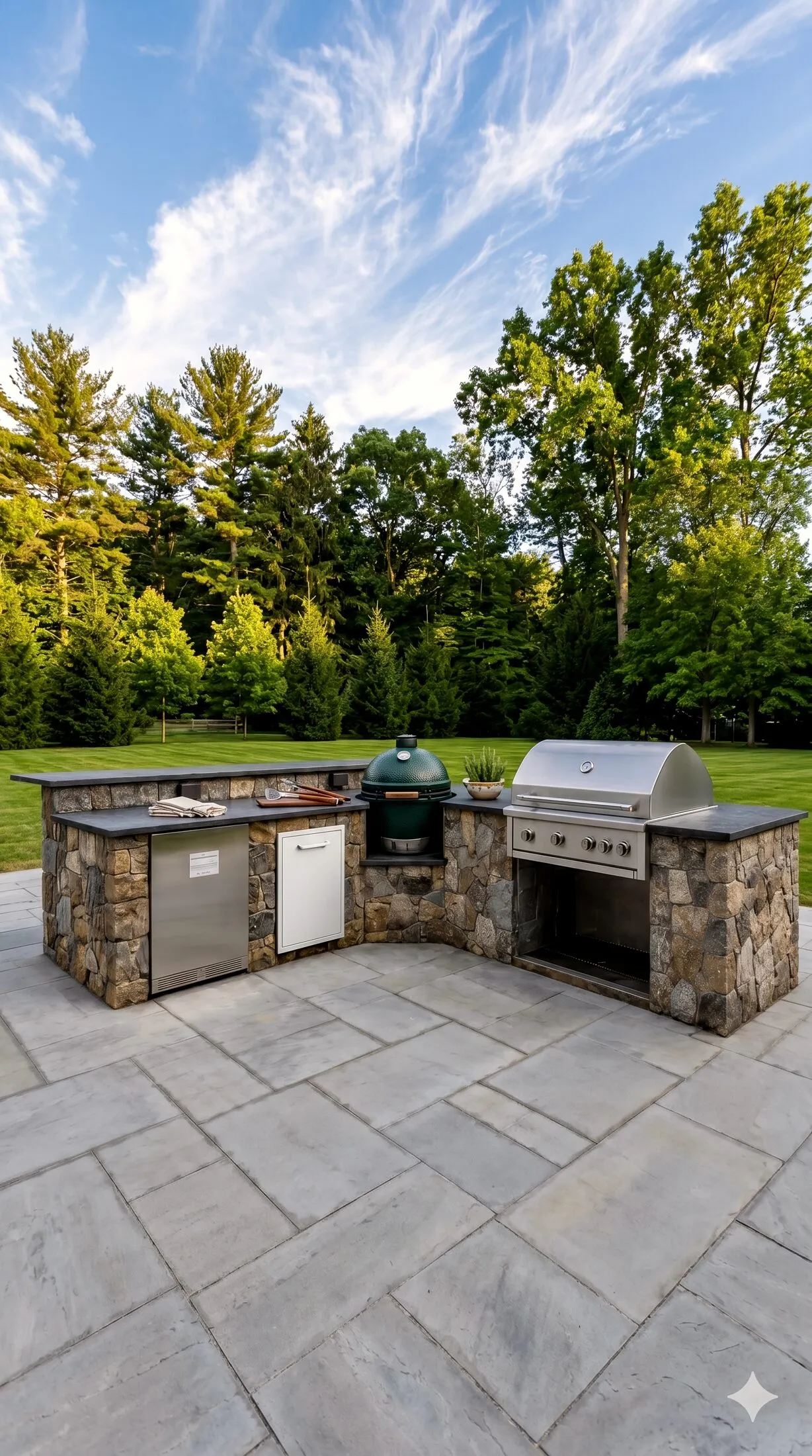 Fieldstone outdoor kitchen with a built-in grill under summer trees