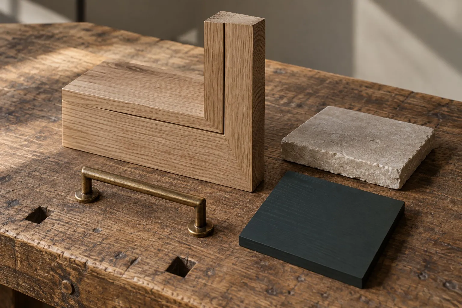 Oak joinery, limestone, charcoal-green paint and a brass cabinet pull