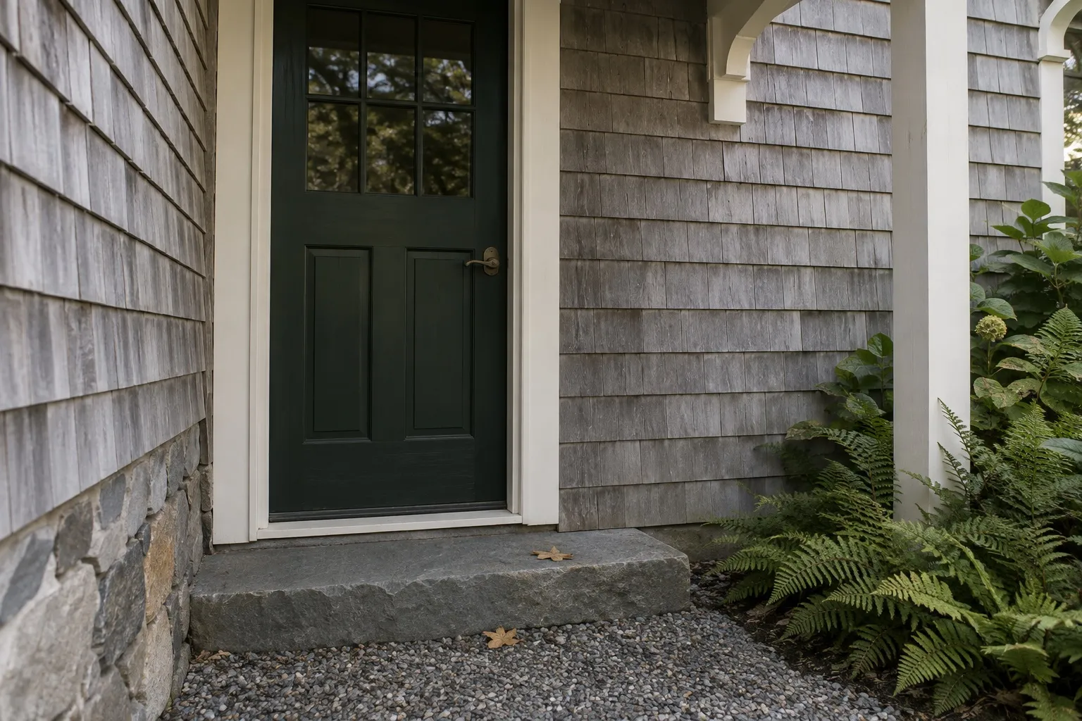 Green painted entry door, weathered cedar shingles and a bluestone step