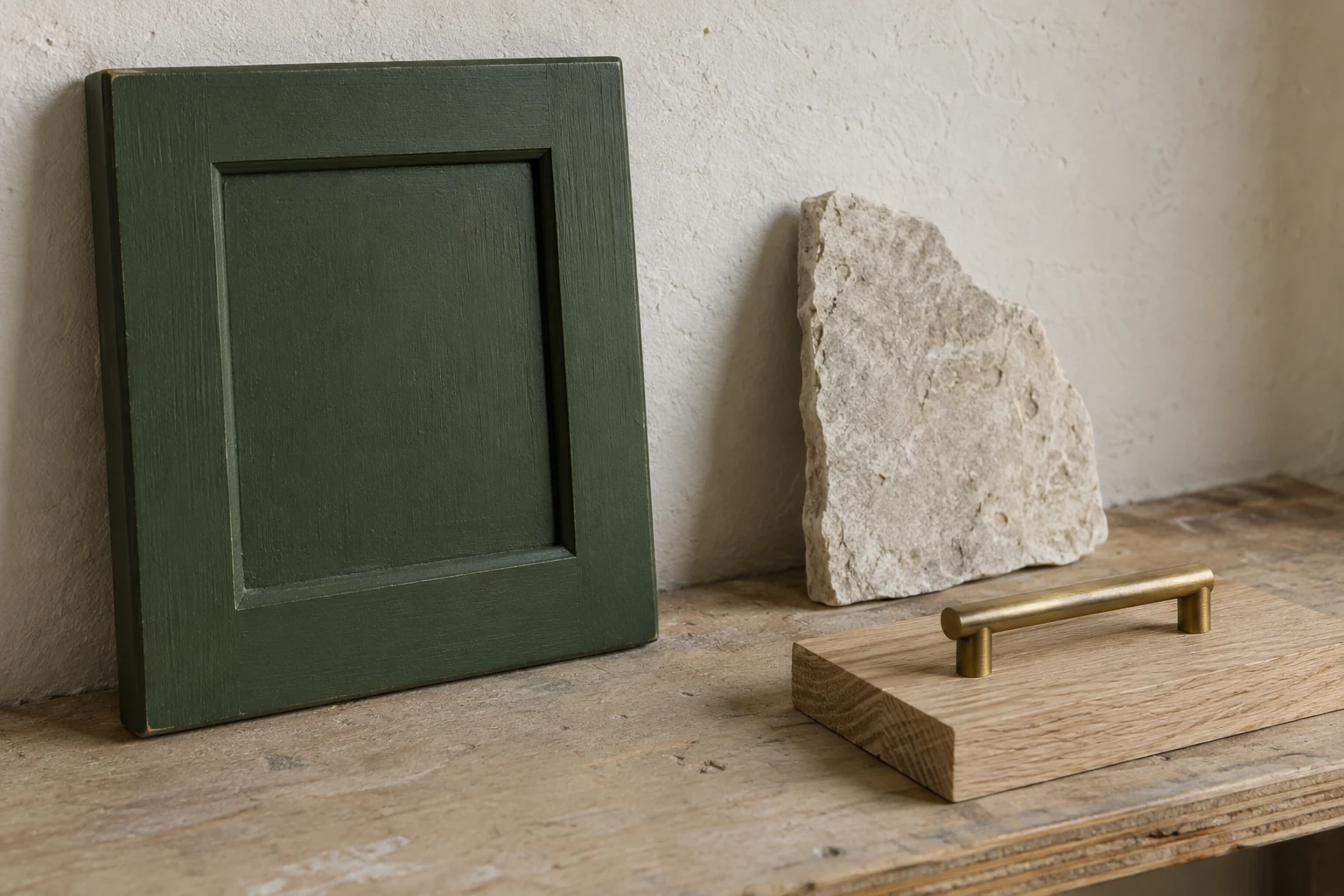 Editorial material study: cabinet, stone and hardware samples on a workbench