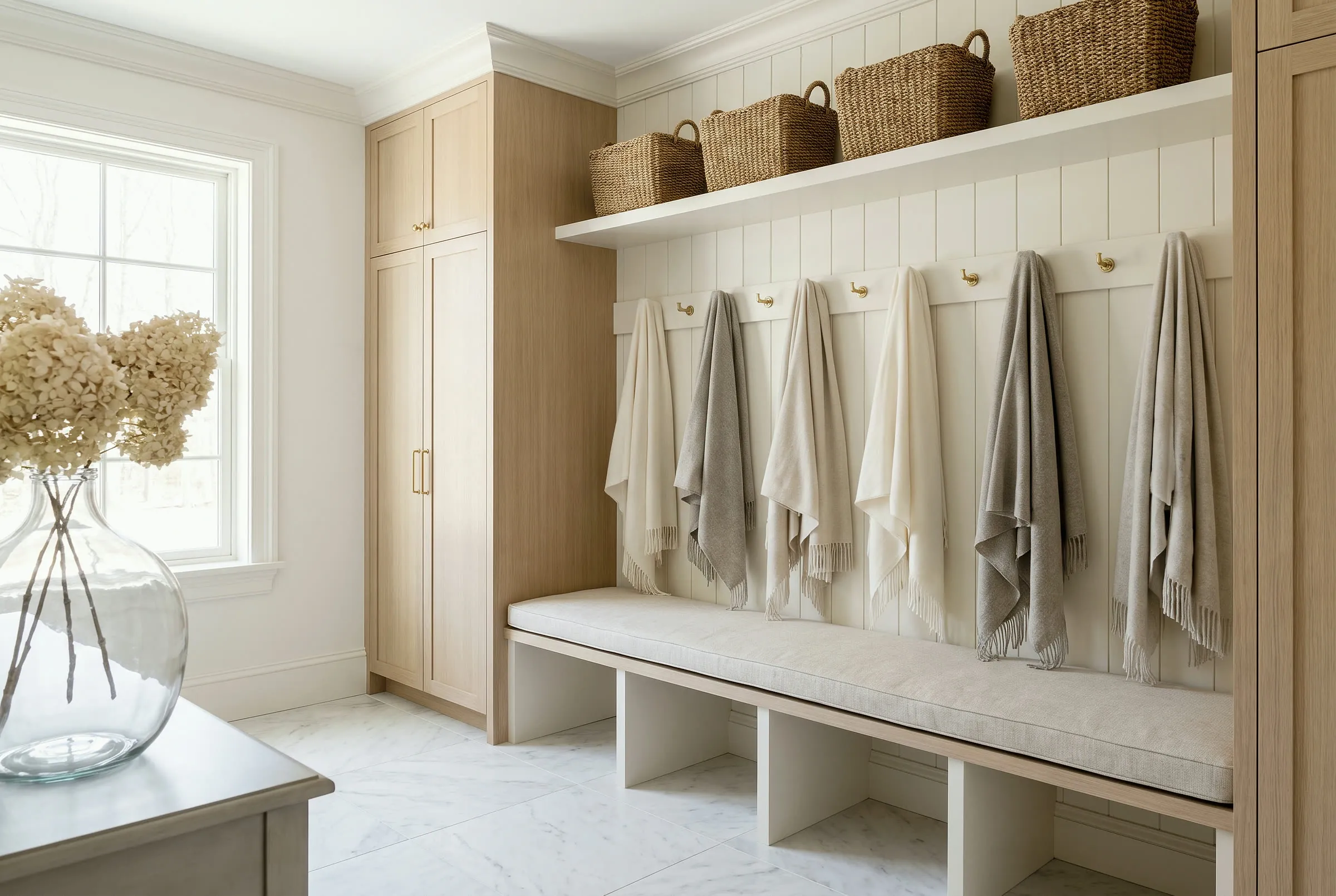 White oak mudroom with a built-in bench, hooks and woven baskets