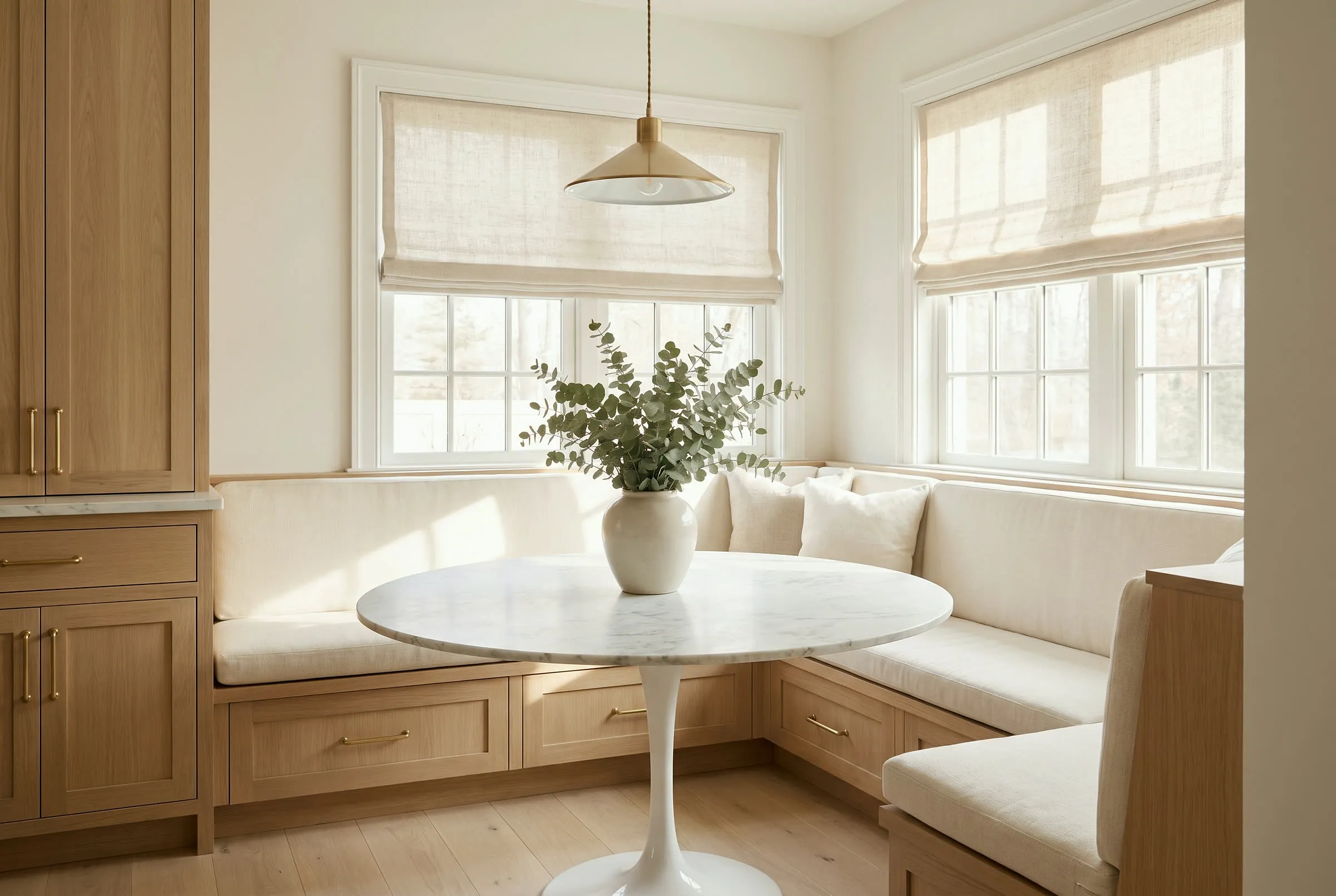 White oak banquette with linen cushions and a marble table in a bright breakfast nook