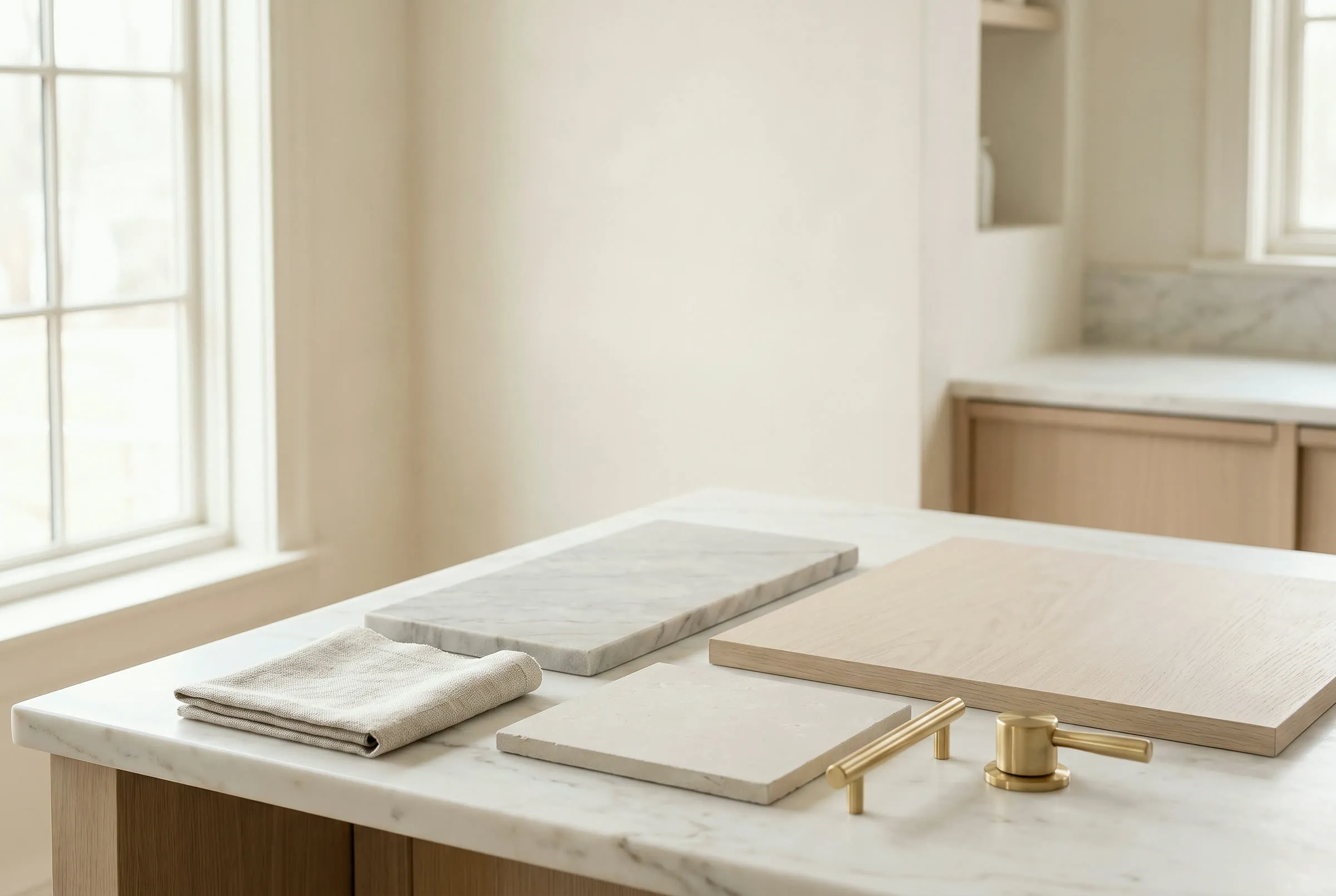 Oak, quartzite, plaster and brass finish samples on a marble kitchen island