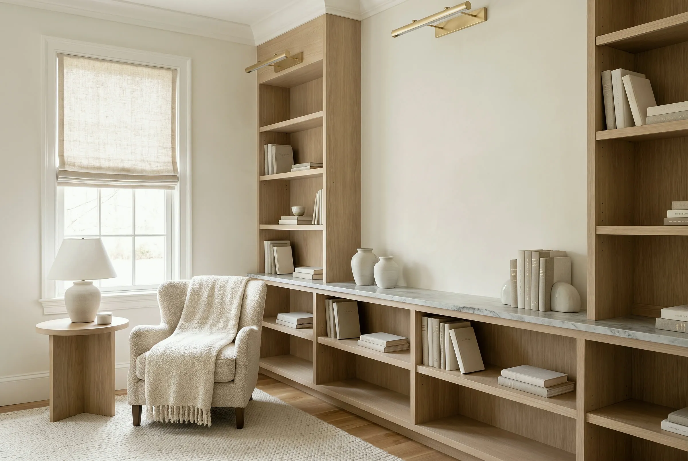 White oak built-in shelves with brass picture lights in a cream panelled study