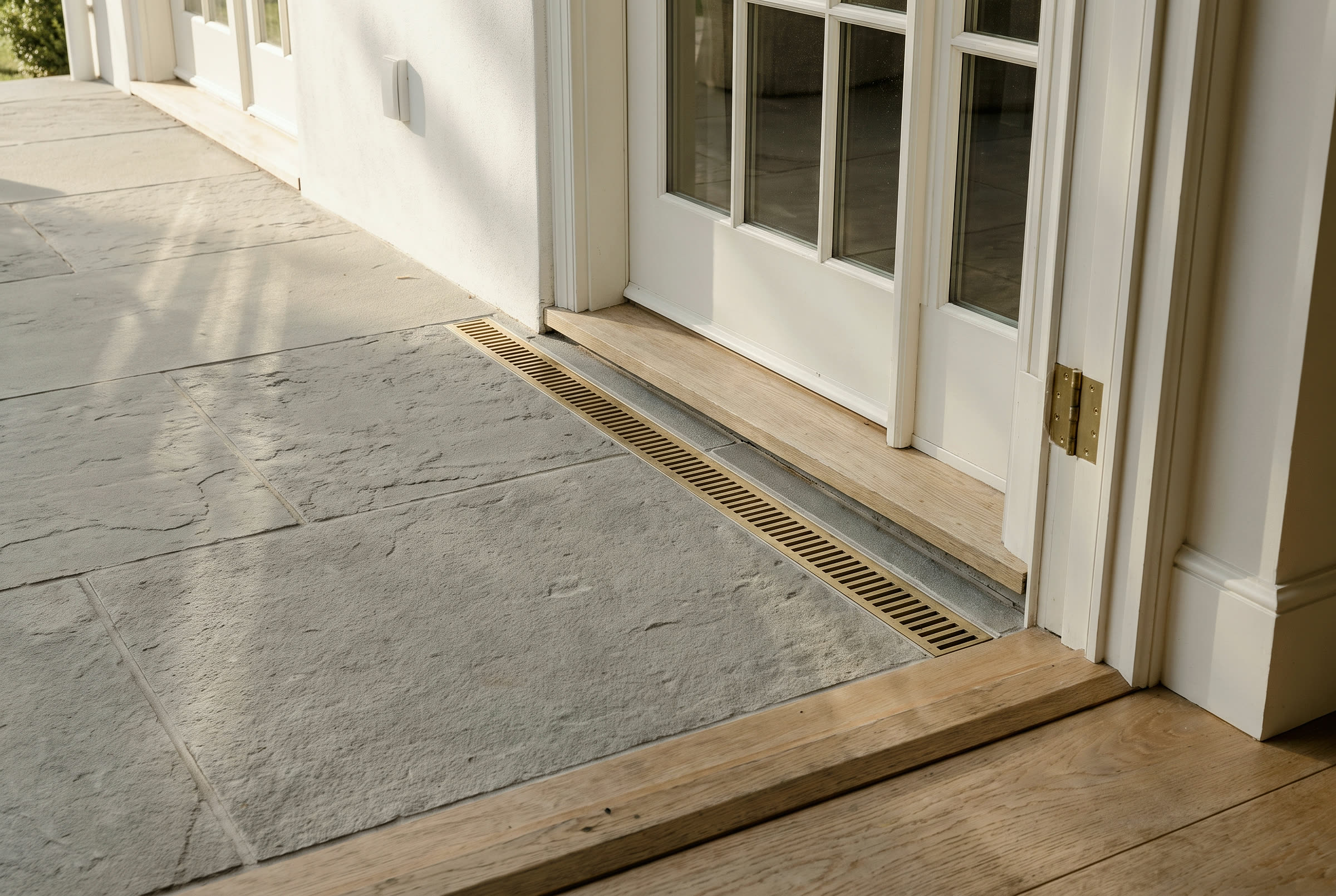 Bluestone terrace set flush with the sill of a set of French doors