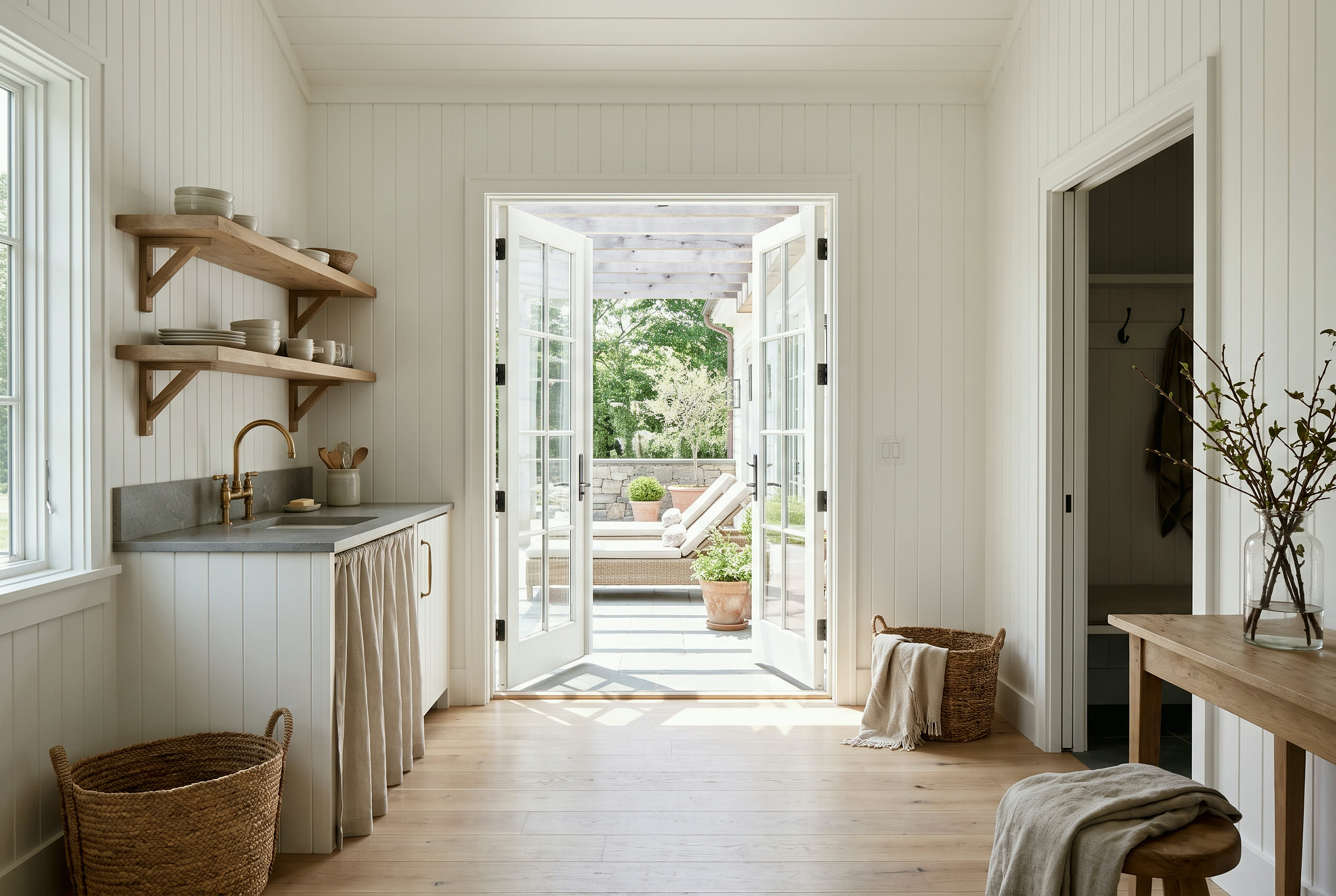Pool house interior with painted beadboard, a stone-topped kitchenette and doors open to the terrace
