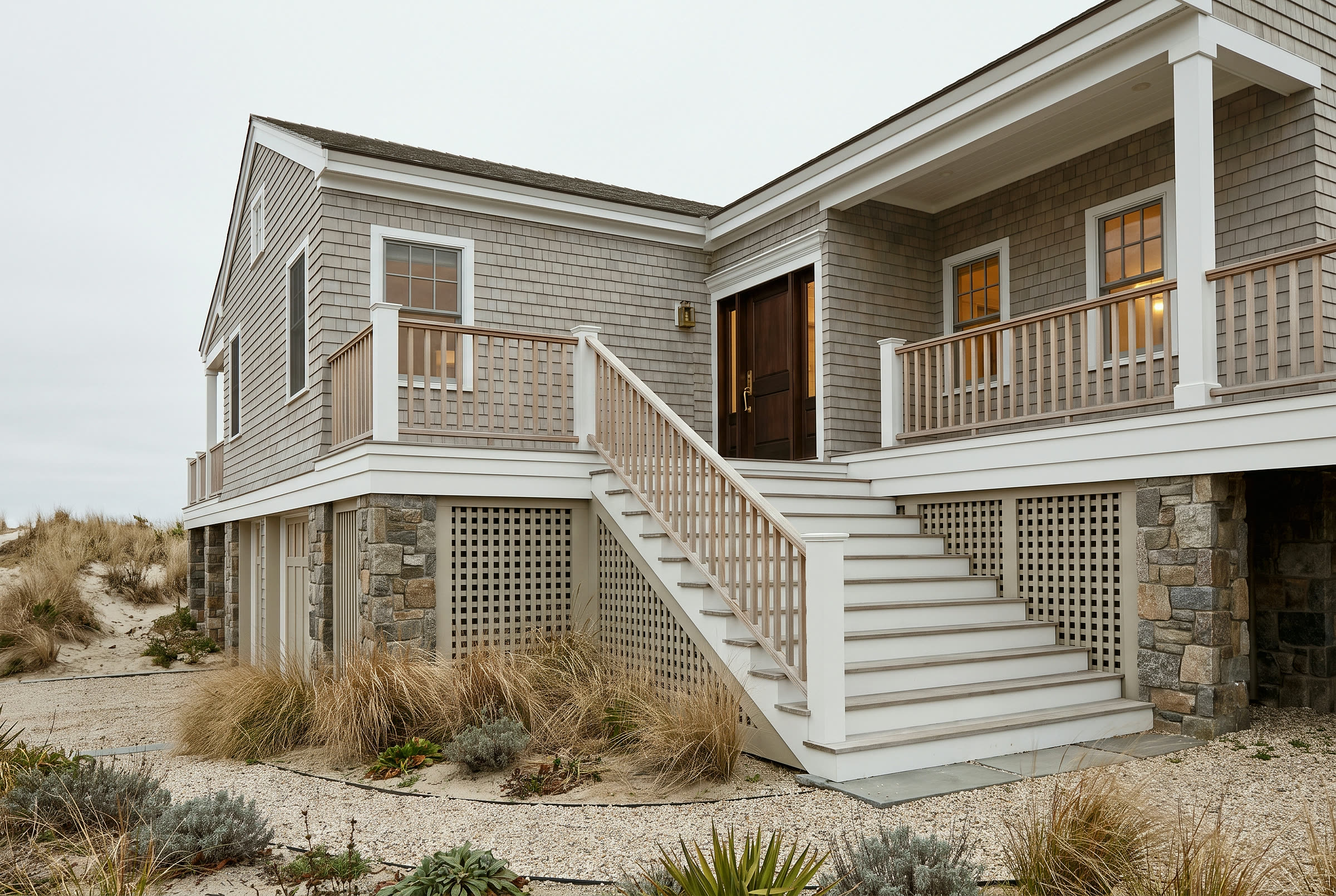 A shingled coastal house raised above grade, with lattice screening beneath and steps up to the porch
