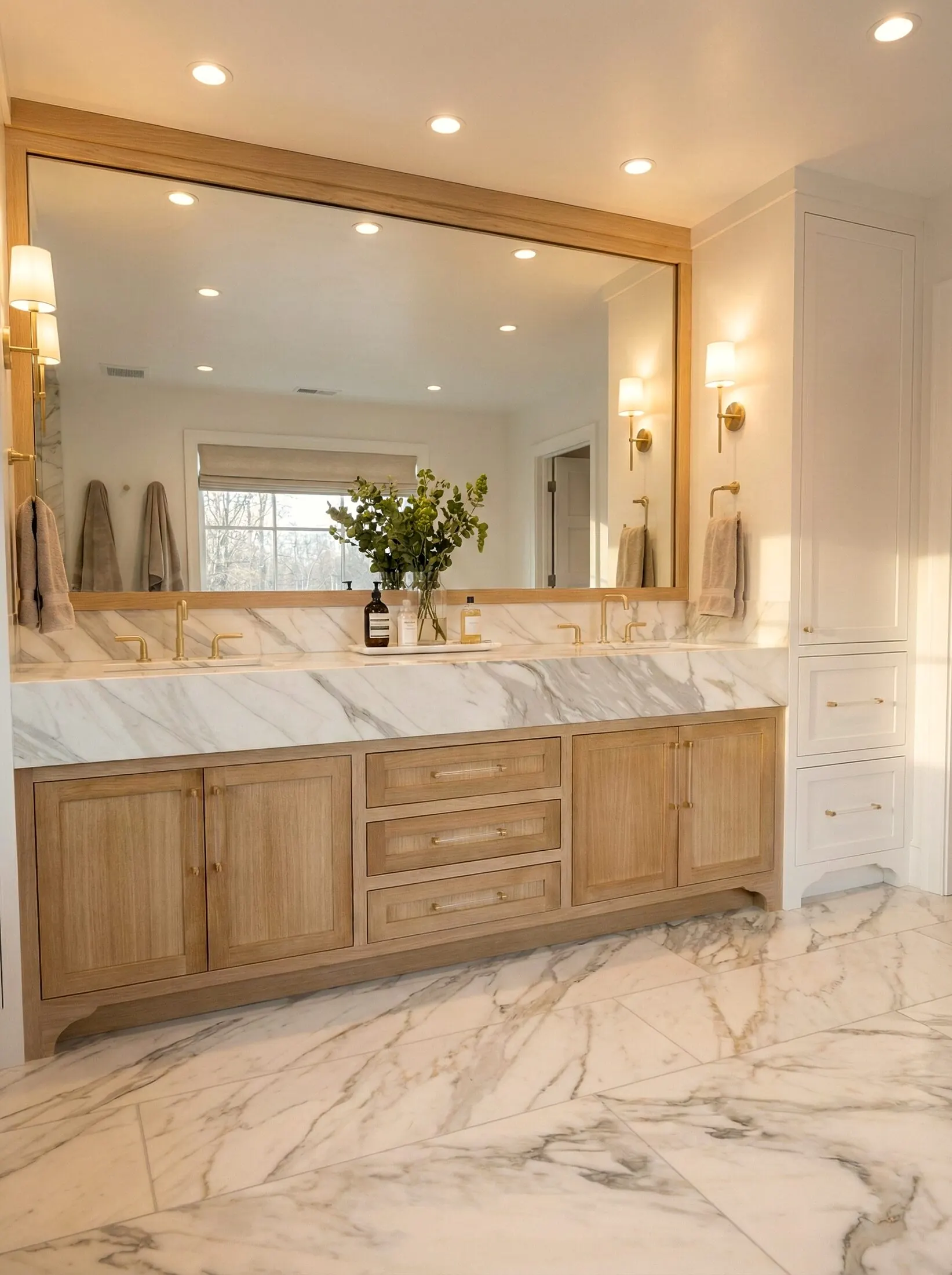 White oak double vanity with a marble counter and brass fittings