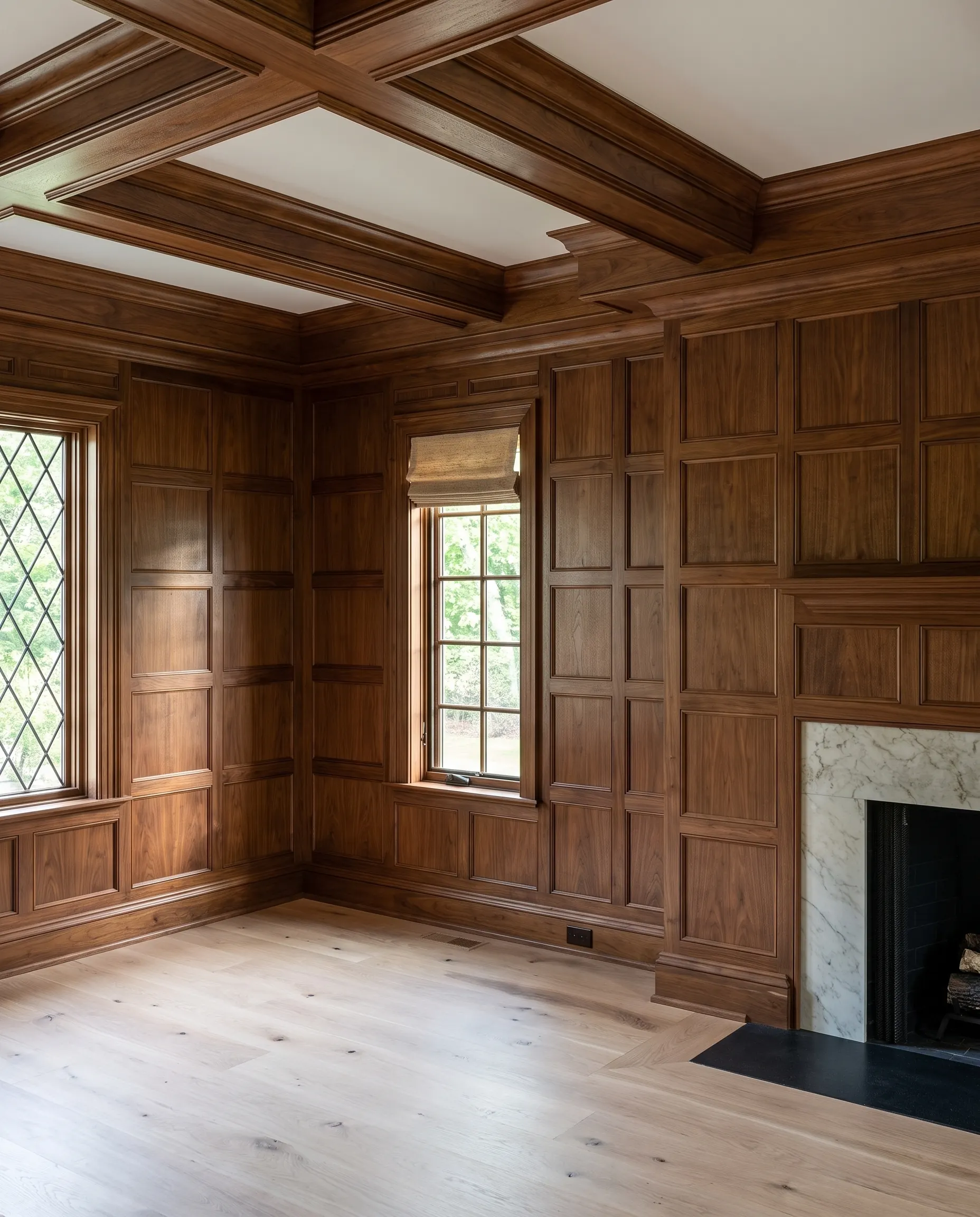 Window and paneling detail in a library under construction