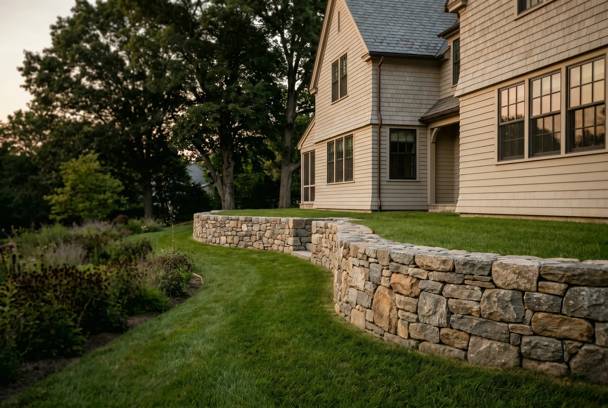Dry-laid fieldstone retaining wall along a graded lawn beside a shingled house