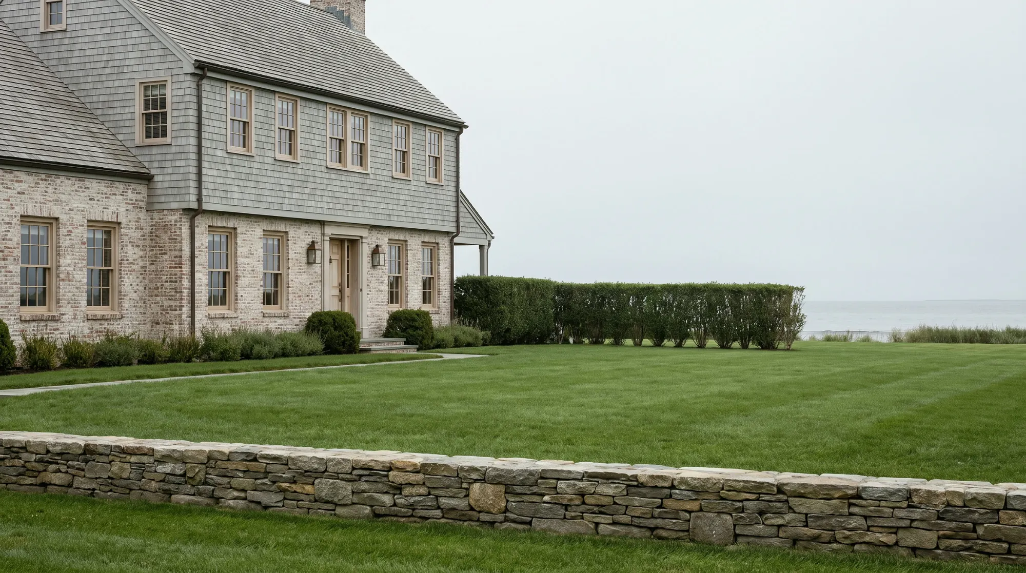 Brick and shingle colonial behind a low stone wall, the kind of house typical of Rye.