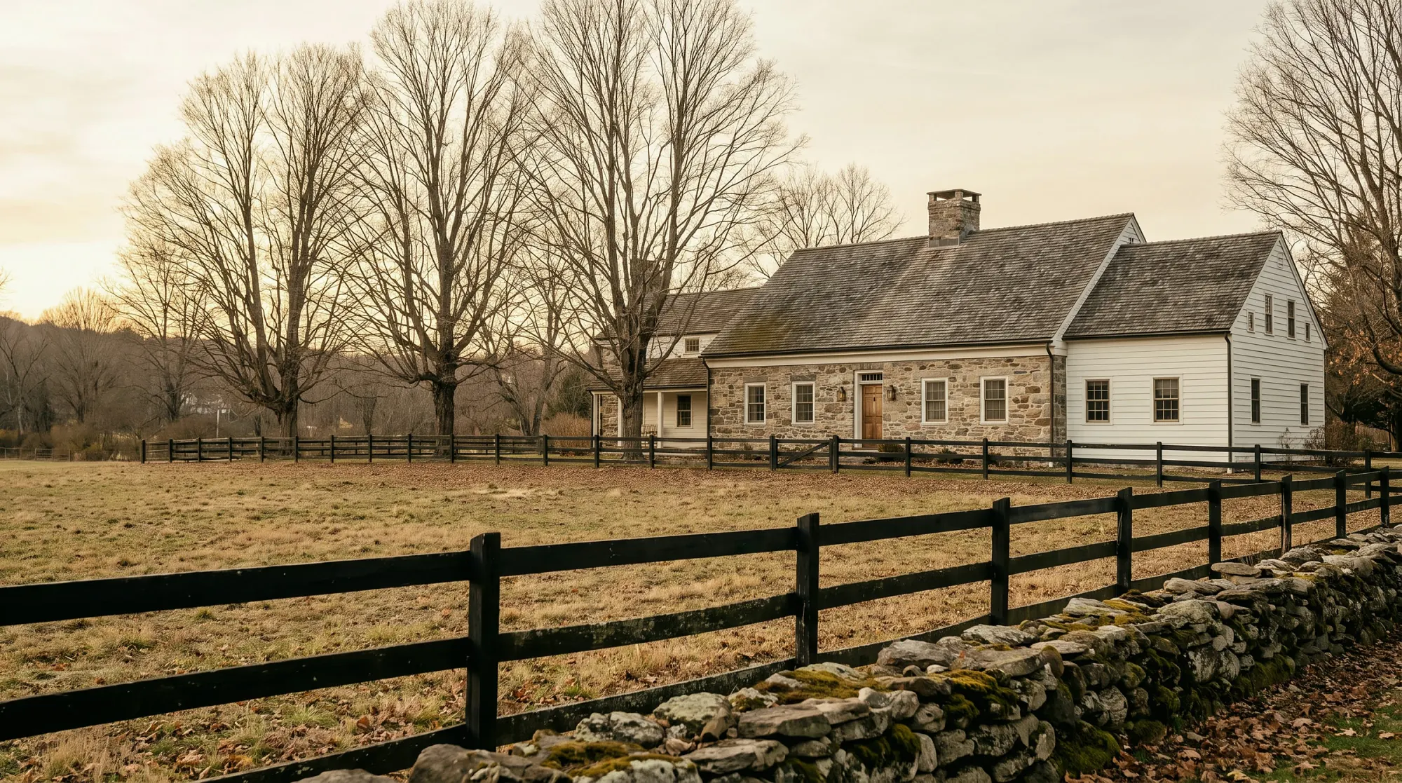 Fieldstone and white clapboard farmhouse behind a post-and-rail fence, the kind of house typical of Bedford.