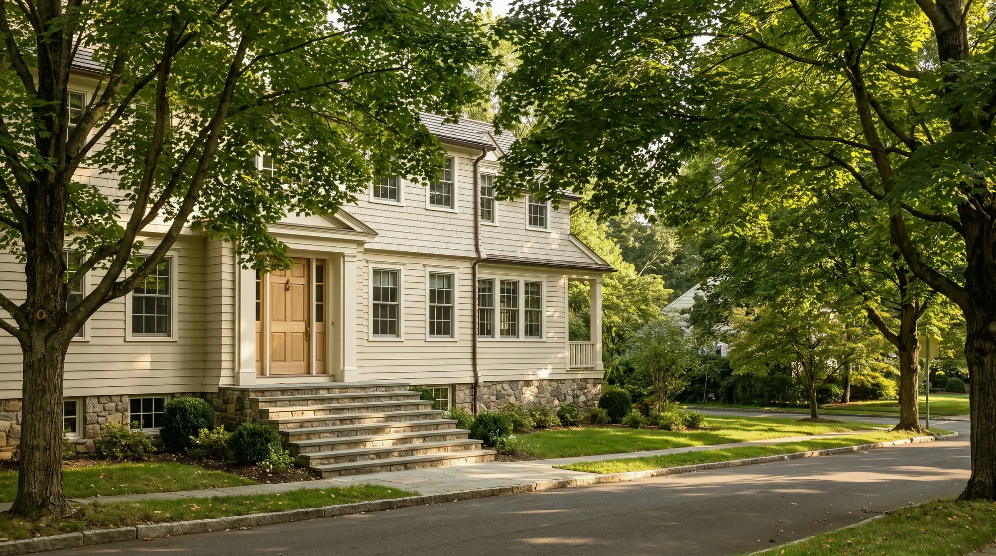 Shingle and stone colonial under mature maples, the kind of house typical of Stamford.
