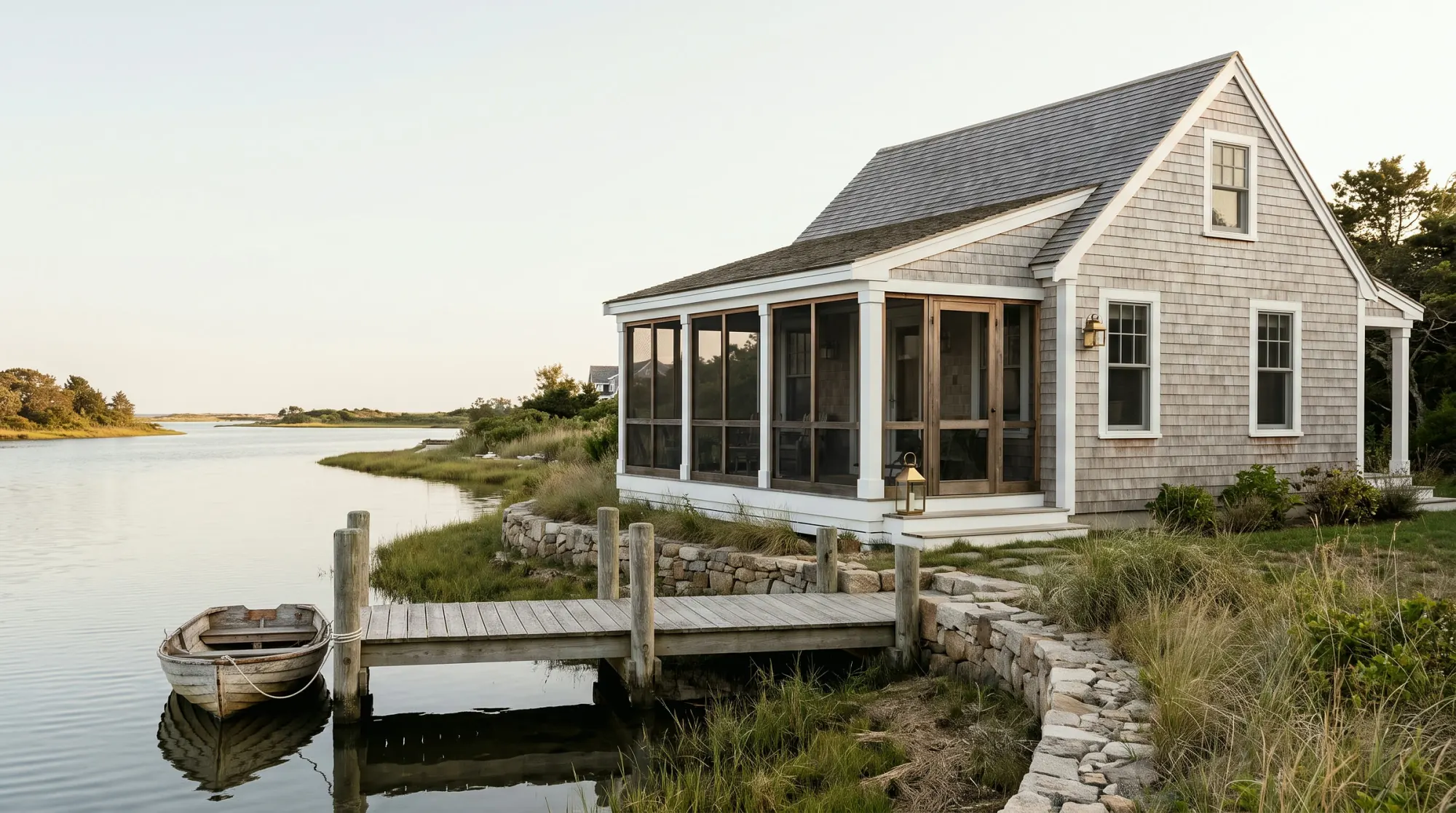 Shingled waterfront cottage with a dock, the kind of house typical of Rowayton.