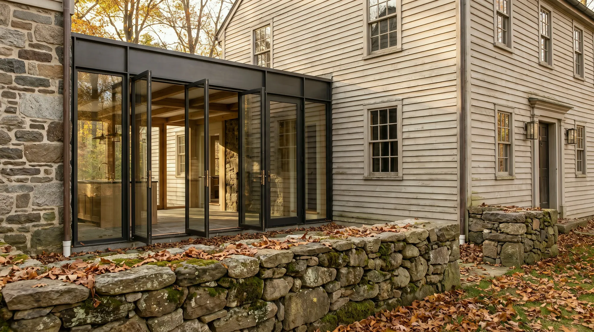 Antique colonial joined to a contemporary glass-link addition, the kind of house typical of New Canaan.