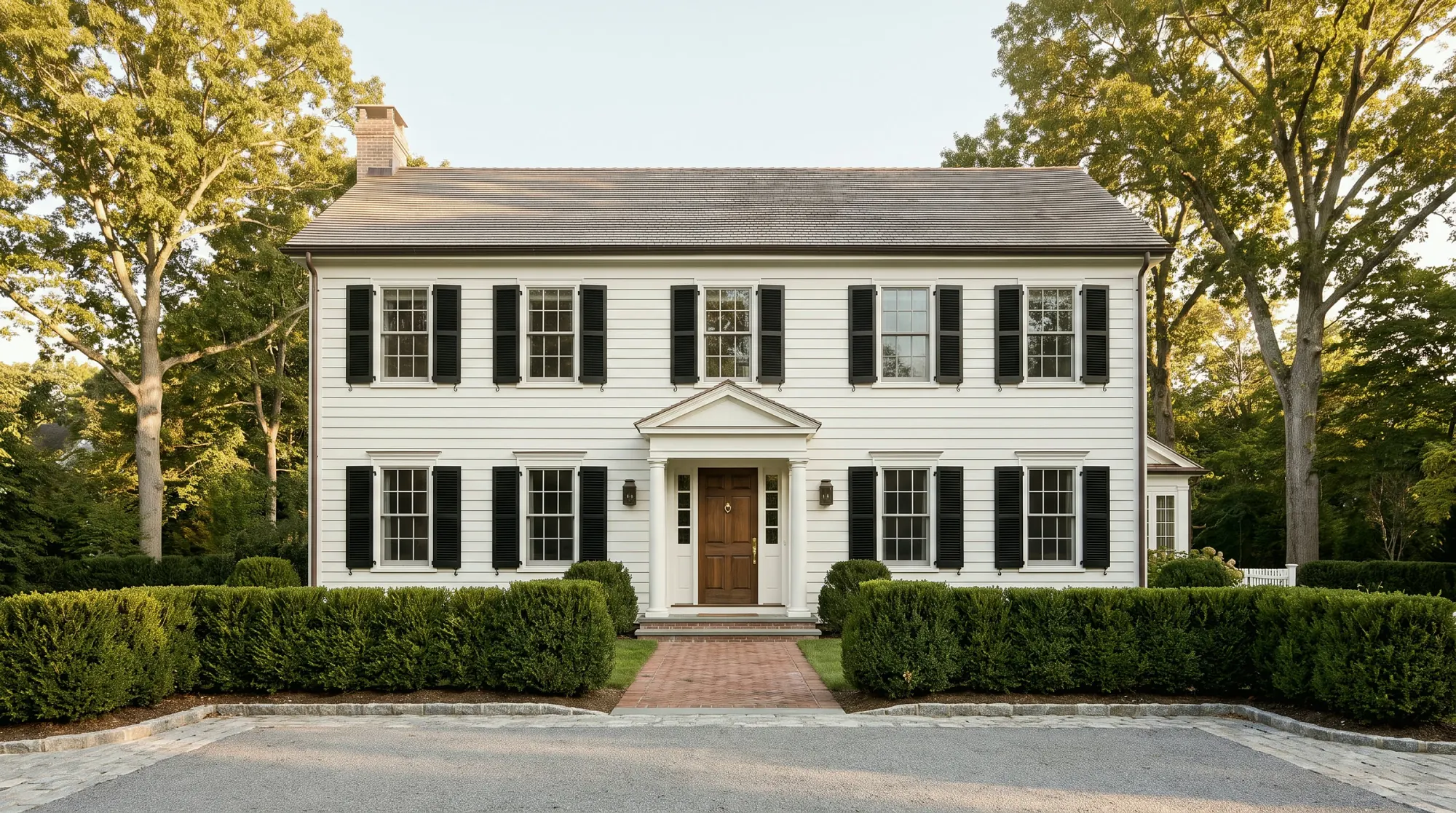White clapboard center-hall colonial with black shutters, the kind of house typical of Darien.